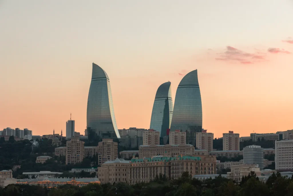 Baku skyline at sunset with Flame Towers, Azerbaijan