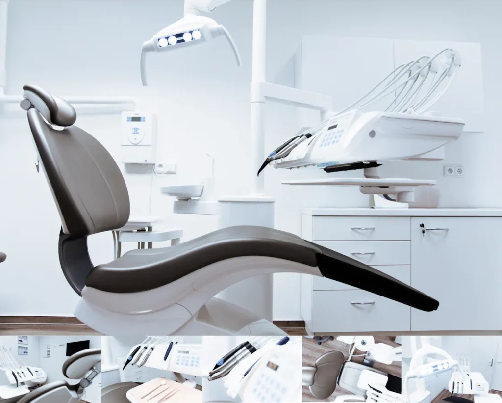 A modern dentist's office featuring a dental chair and equipment, potentially where procedures like laser waxing for dental aesthetics could be performed.