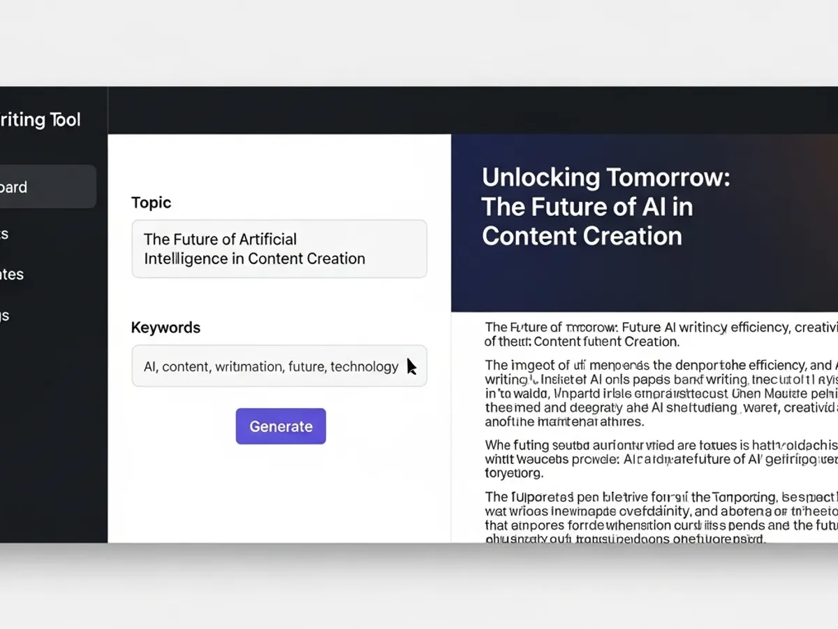 AI writing tool interface with keywords: AI, content, writing, future, technology.