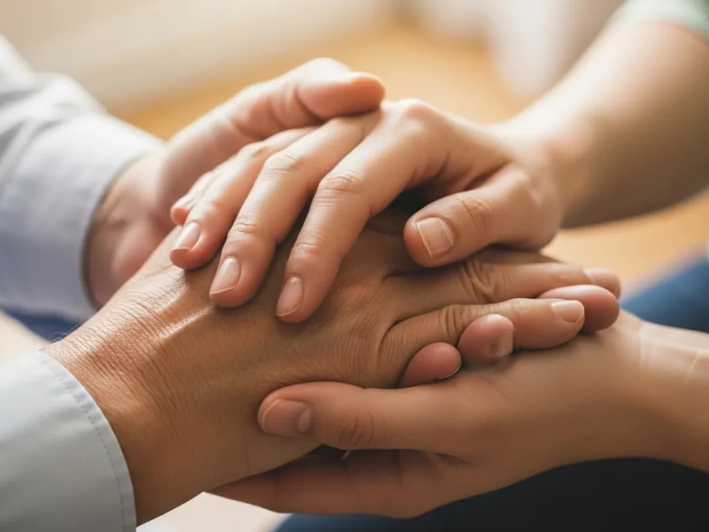 Close-up of two people holding hands in a comforting gesture