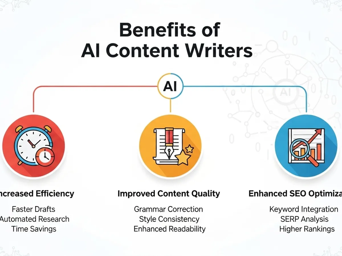 Infographic outlining the benefits of AI content writers for enhanced SEO optimization.