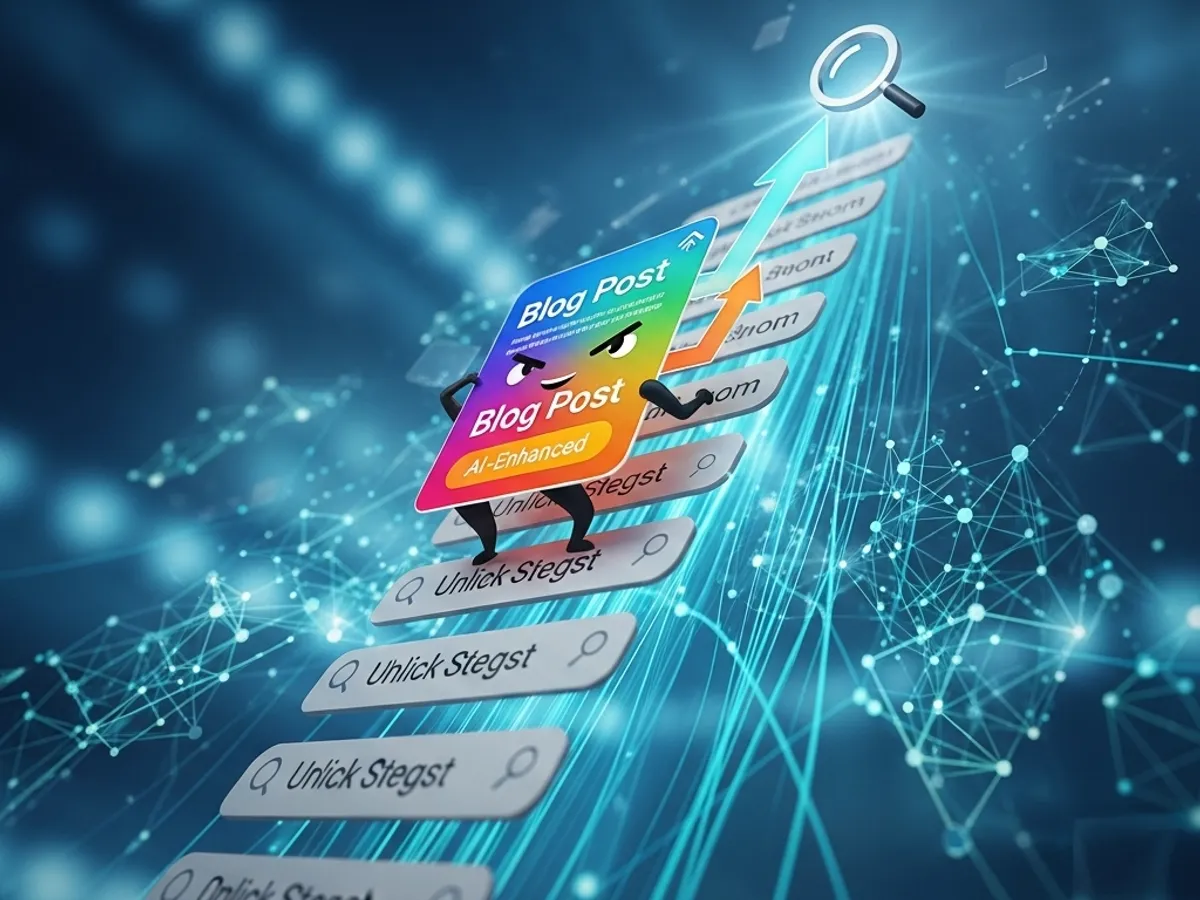 Animated blog post character climbing search query steps with a magnifying glass.