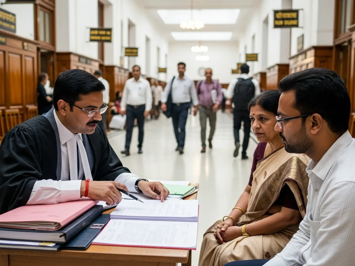 Lawyer reviewing documents with a client in a traditional office setting.