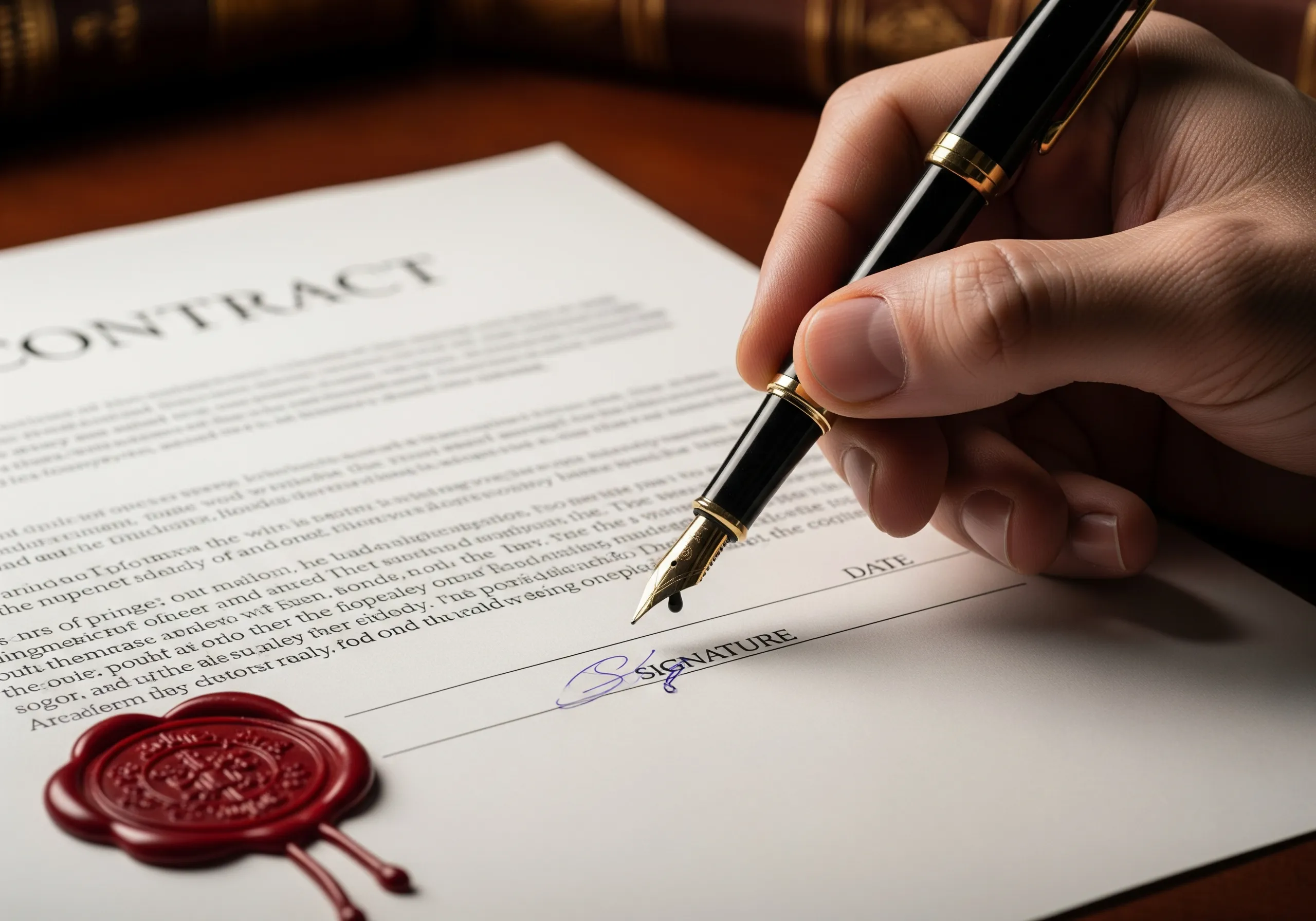 Hand signing a contract with a fountain pen, red wax seal.