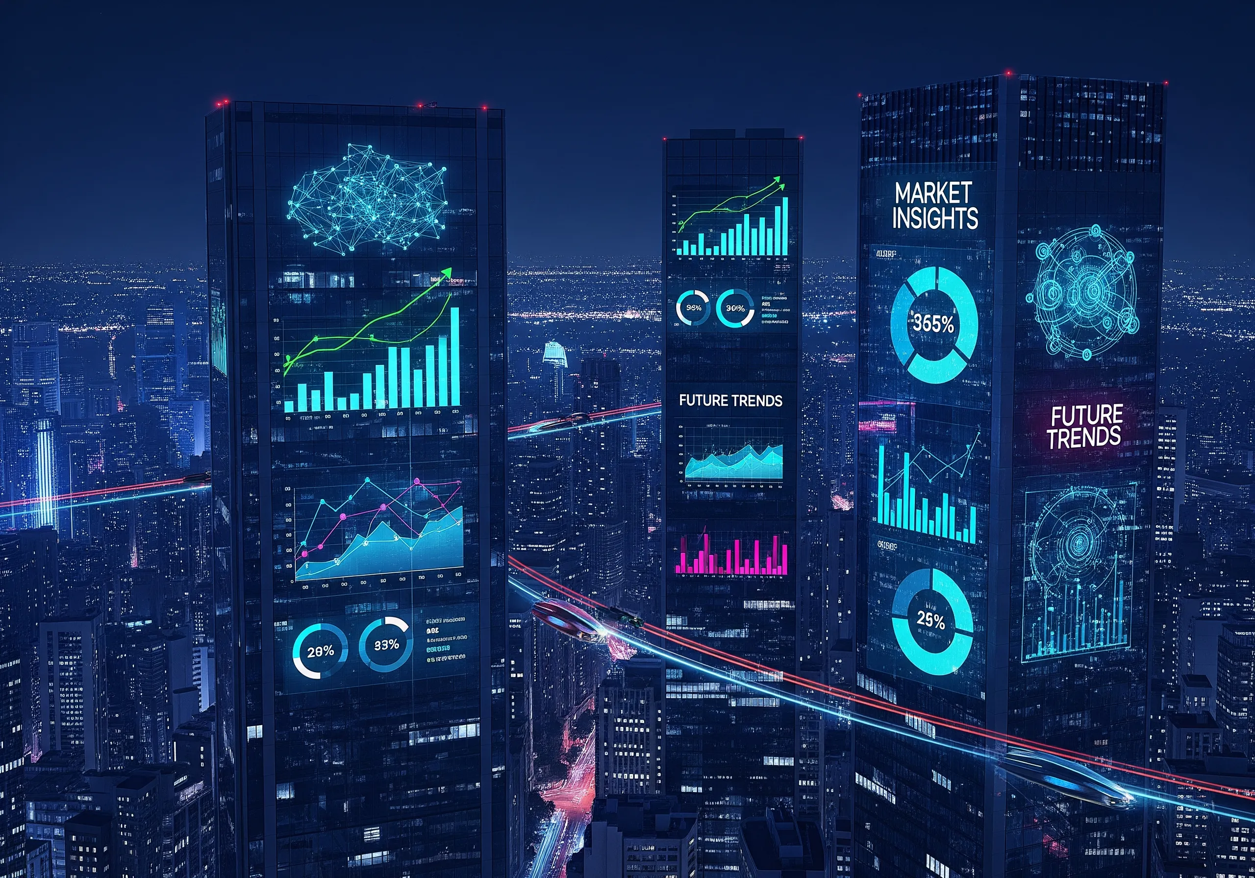 City skyline at night with data visualizations projected onto skyscrapers, showing market insights.