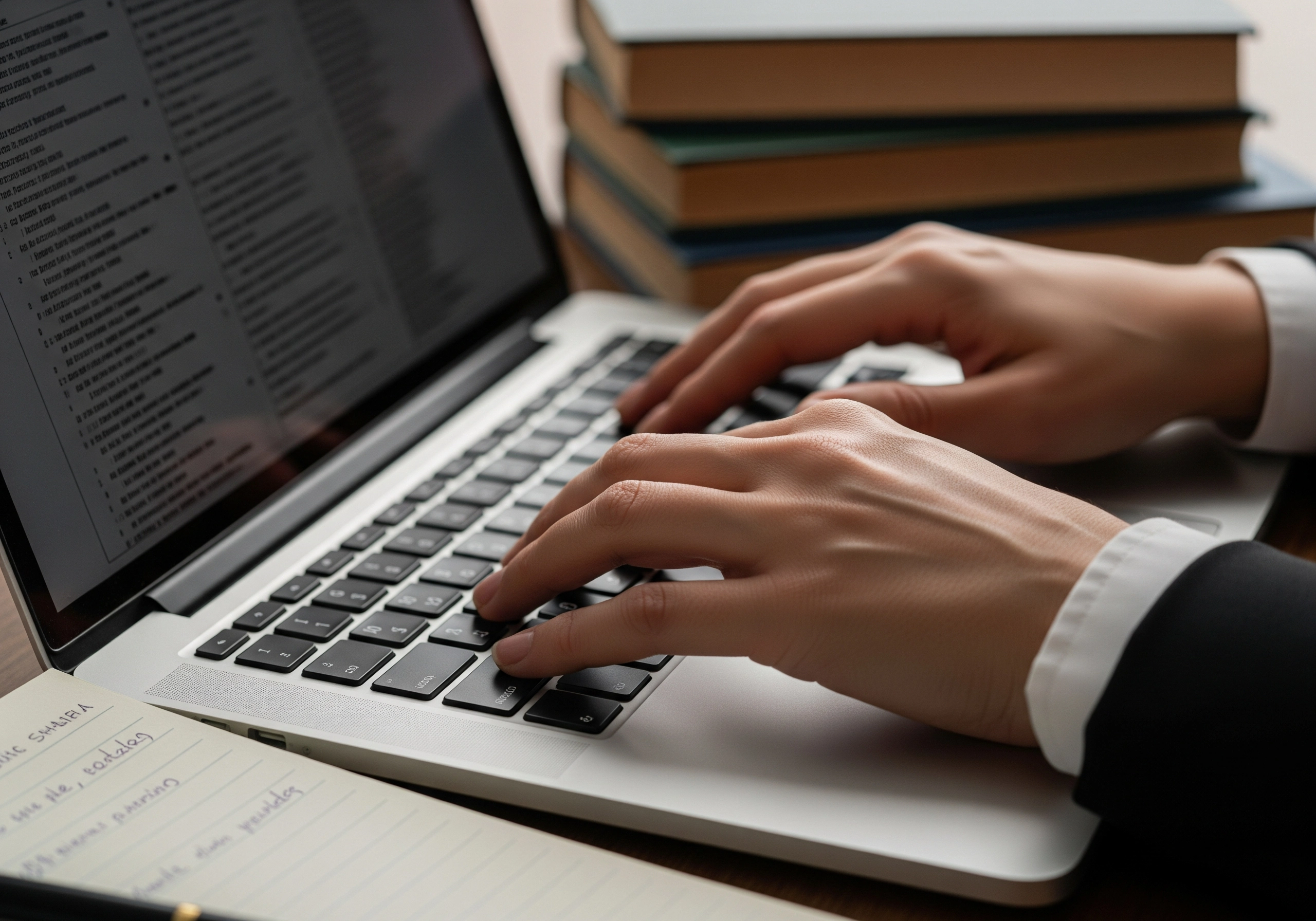 Hands typing on a laptop with books and notepad nearby.