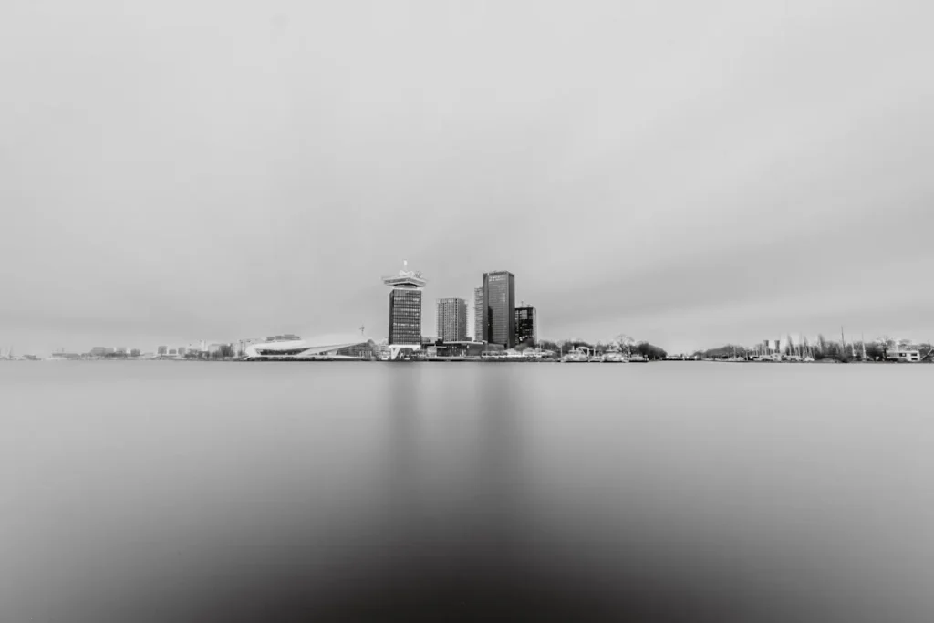 Black and white skyline of Amsterdam featuring the A'DAM Lookout tower.