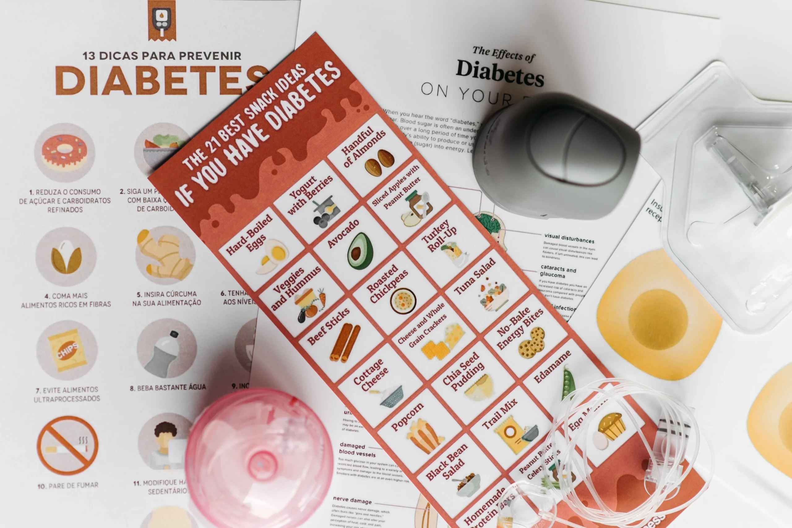 Informational pamphlets about diabetes, snacks, and health effects.