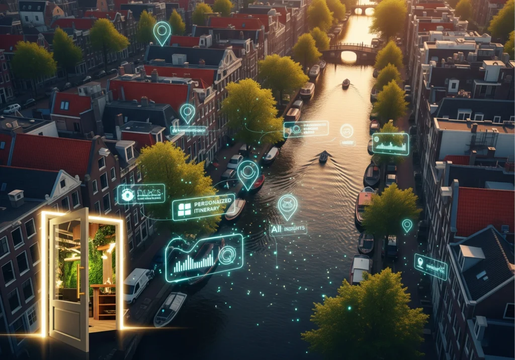 Amsterdam canal view with digital overlays, showing local beauty spots amsterdam