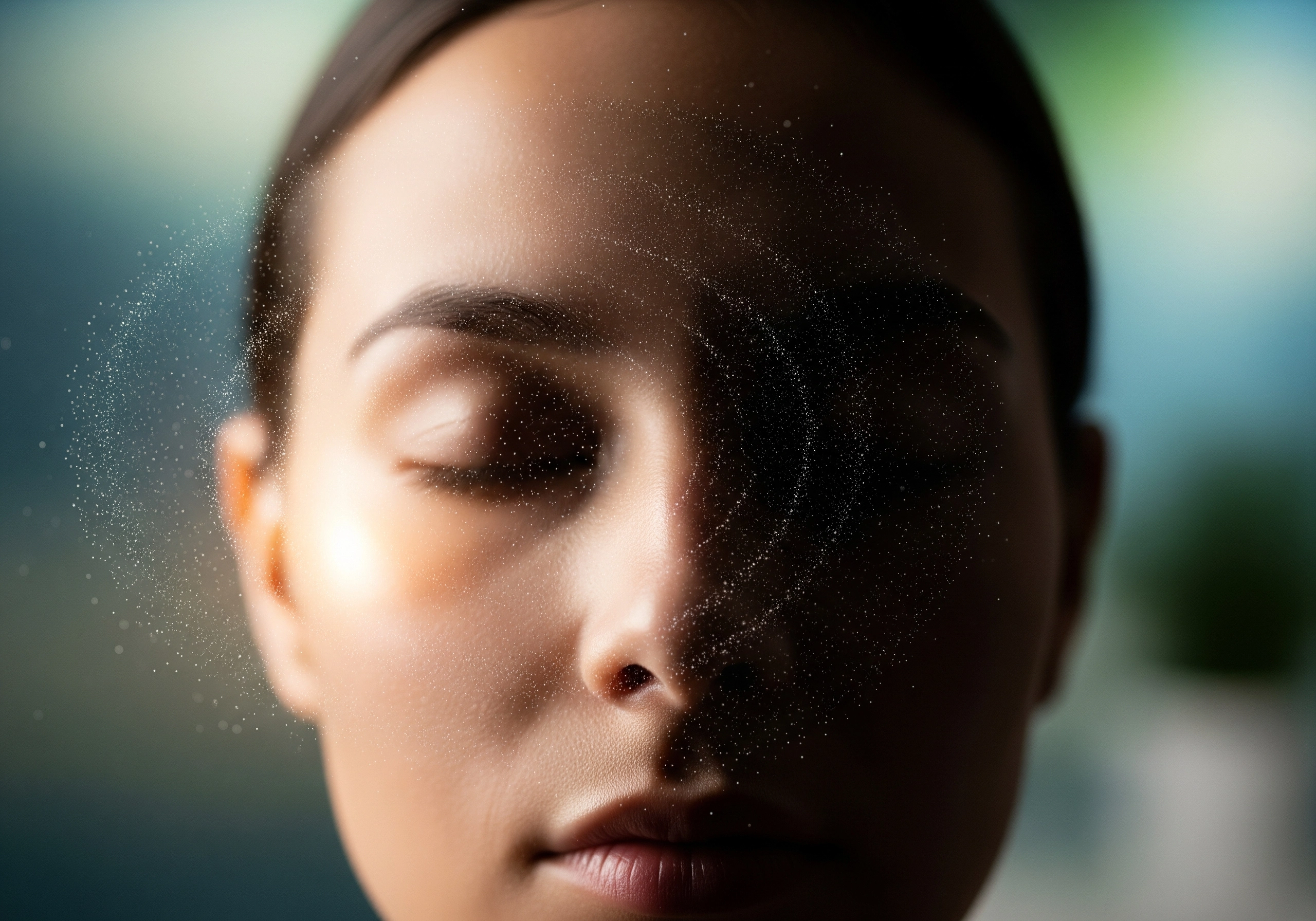 Woman with eyes closed, light effect symbolizes skin rejuvenation after carbon peeling.