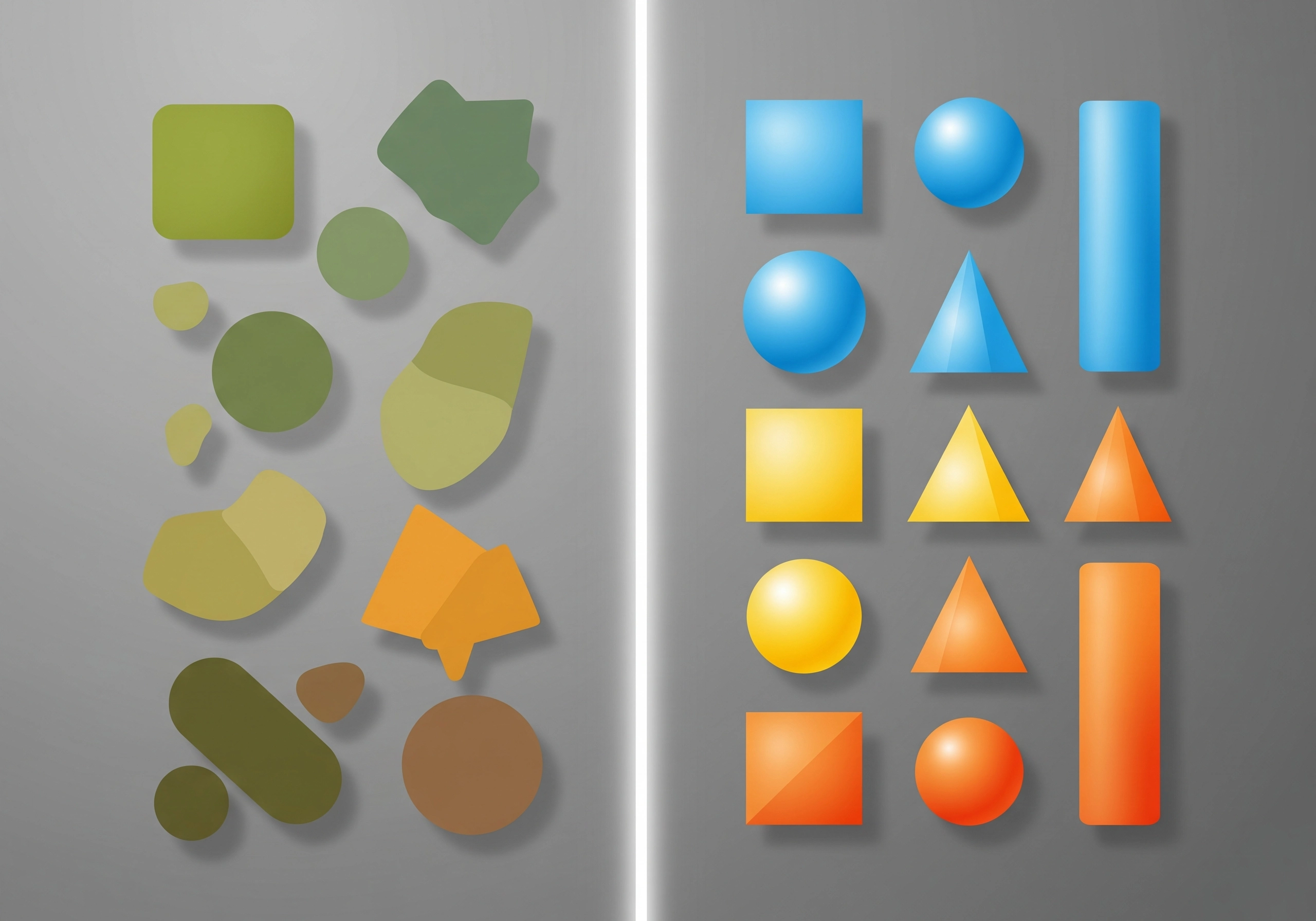 Colorful geometric shapes: squares, circles, triangles, and amorphous forms on gray.
