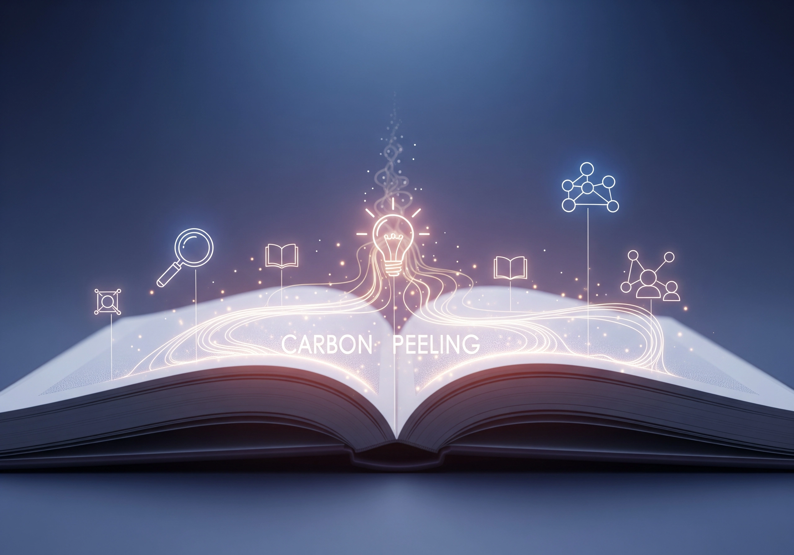 Open book with glowing 'Carbon Peeling' text, lightbulb and molecule icons.