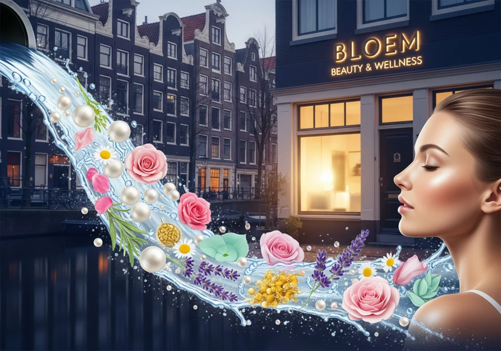 Woman near BLOEM Beauty & Wellness in Amsterdam, promoting beauty treatments.