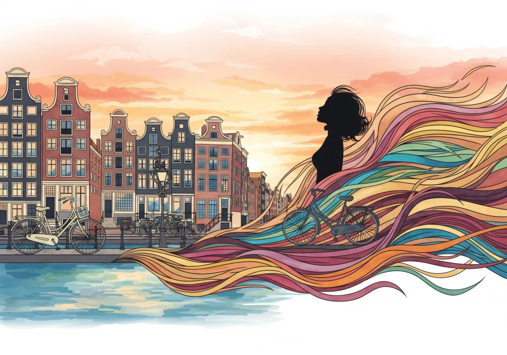 Amsterdam canal scene with colorful hair flowing from a woman's silhouette.