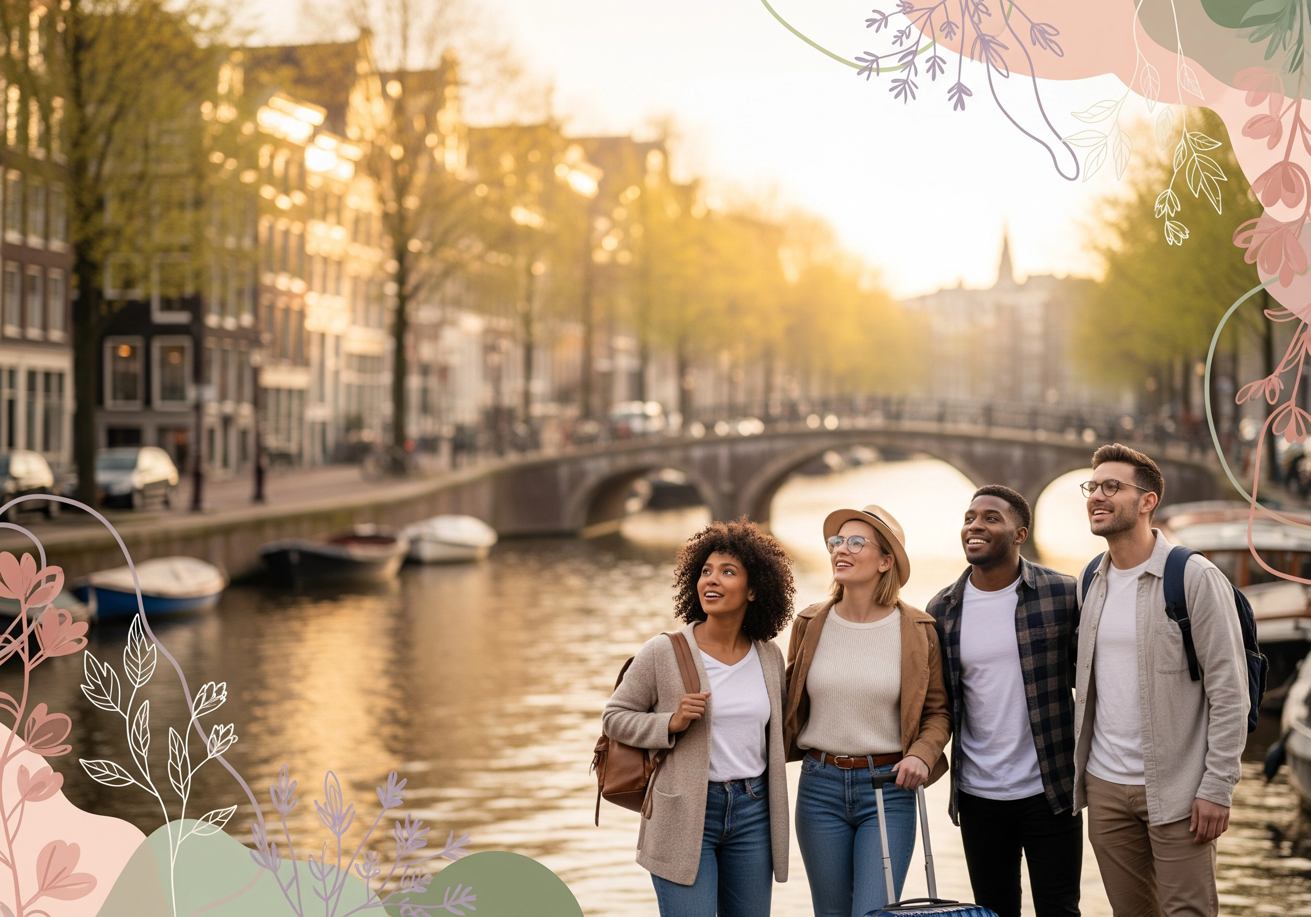 Group of friends in Amsterdam near a canal, possibly seeking a beauty salon.