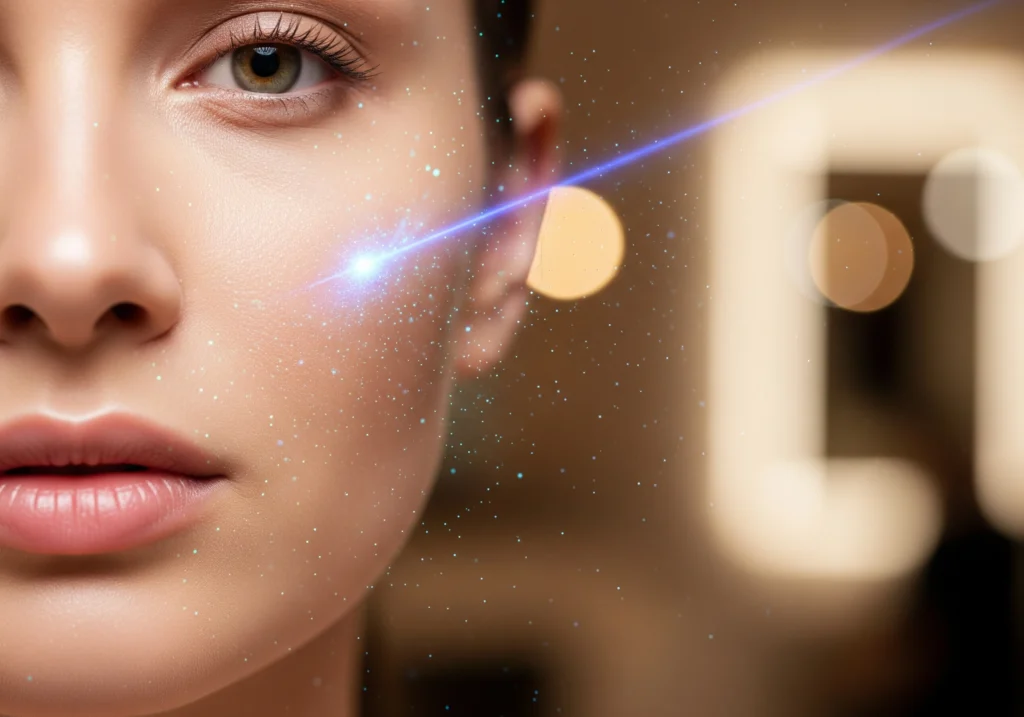 Woman's face receiving carbon laser facial at beauty salon for skin rejuvenation.