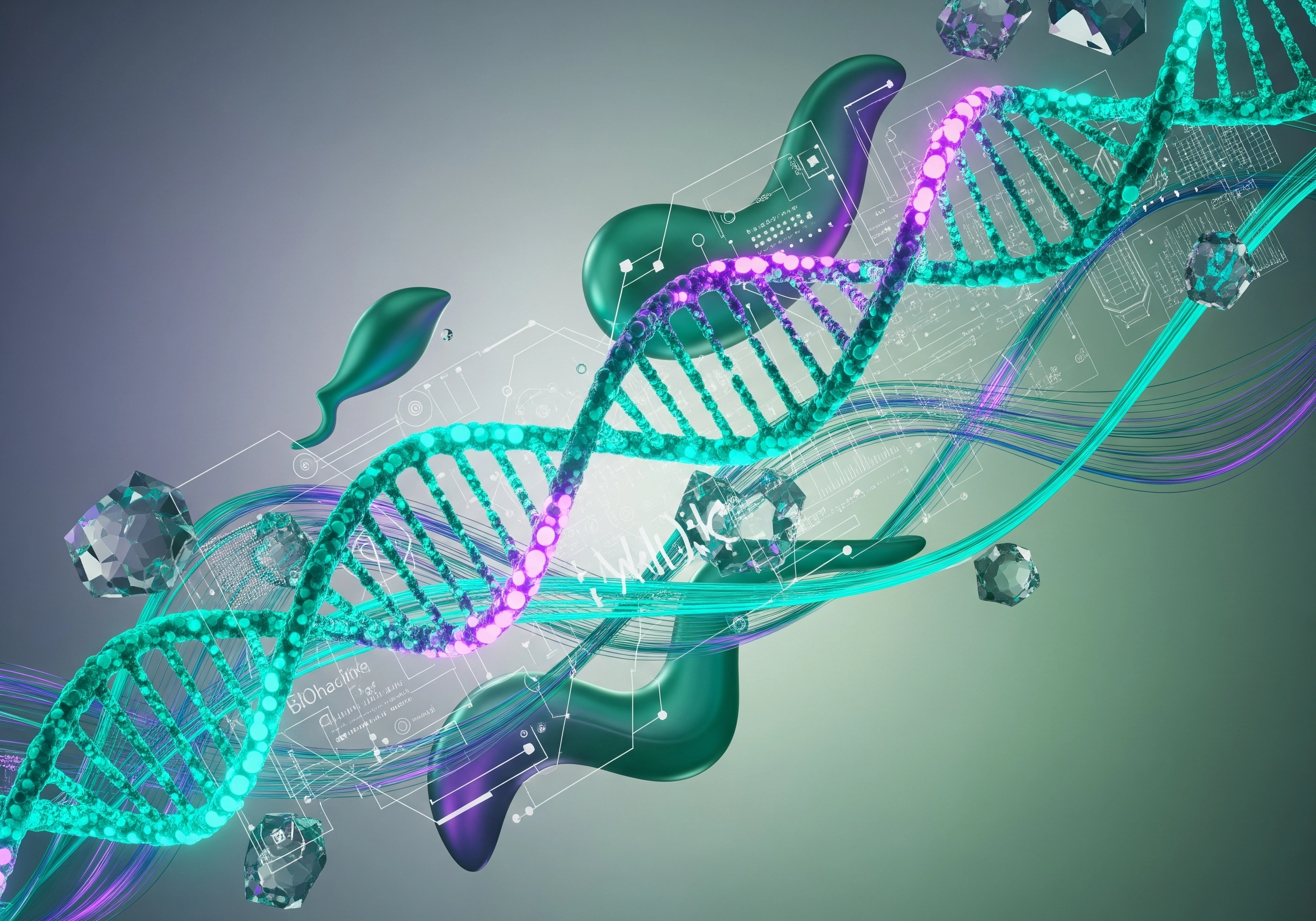 Abstract DNA strand with geometric shapes and swirling lines.