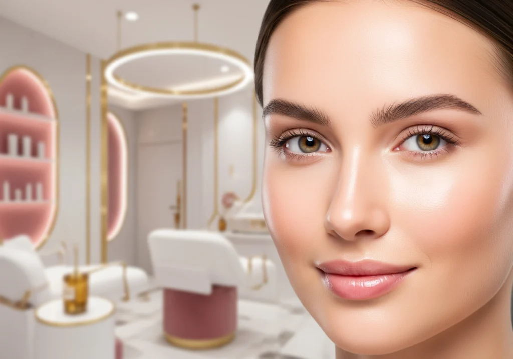Woman with radiant complexion in a salon, showcasing clear skin solutions after a carbon laser peel.