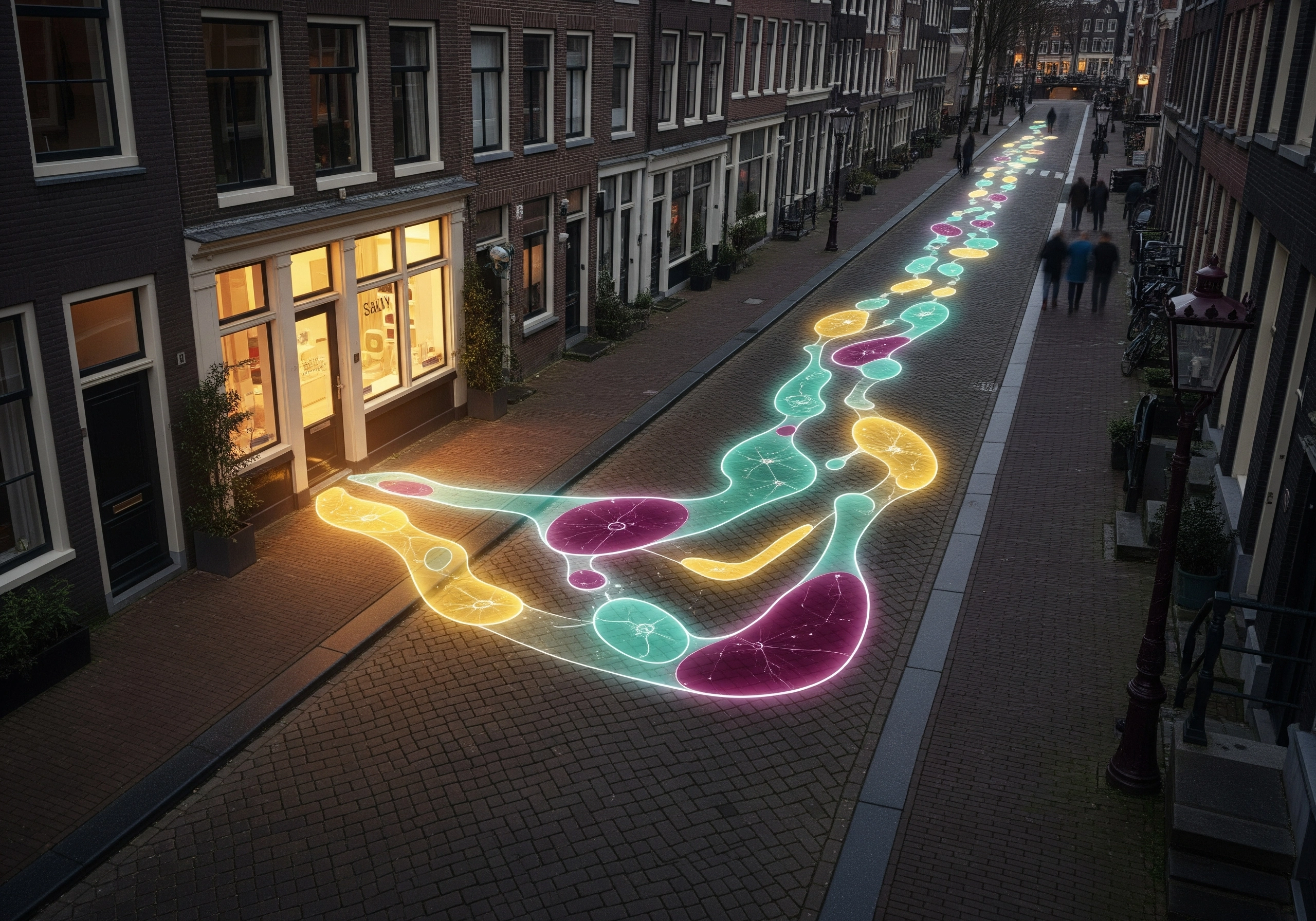 Amsterdam street art leading to a lit beauty salon in Amsterdam.