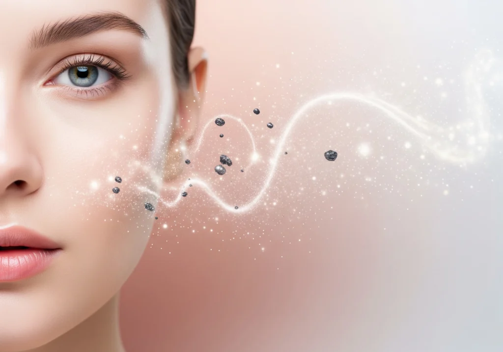 Close-up of woman's face with glowing skin after carbon peeling treatment.