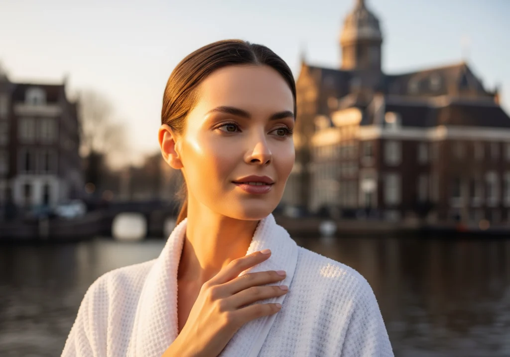 Woman in robe in Amsterdam; could represent beauty salon treatment.