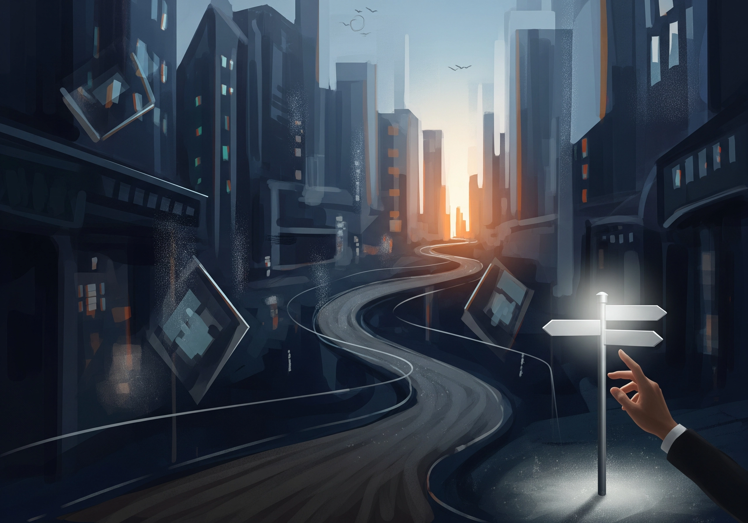 Illustration of a cityscape with road leading to the horizon and a hand pointing at a signpost.