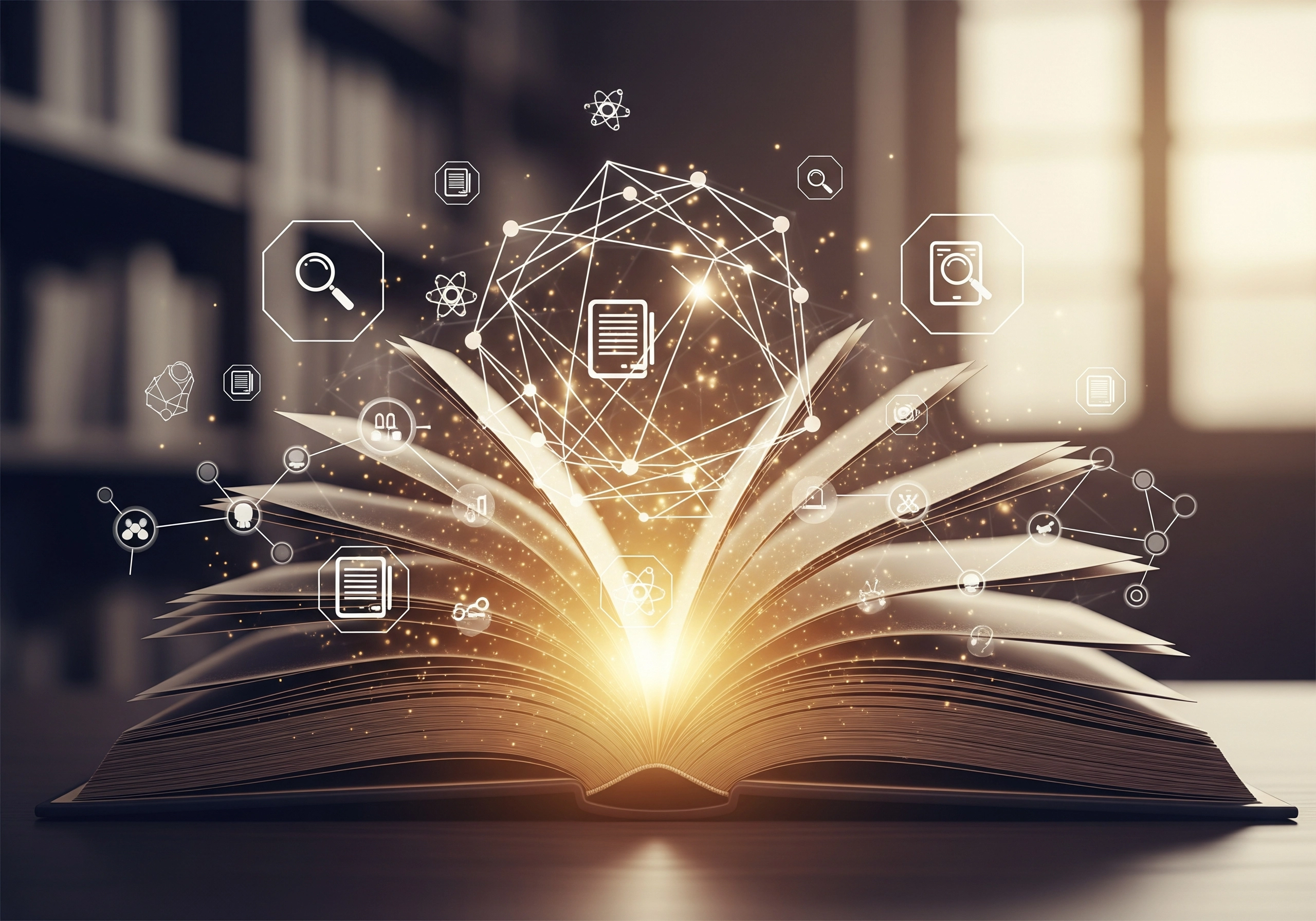 Open book with glowing light and network of connected science icons.
