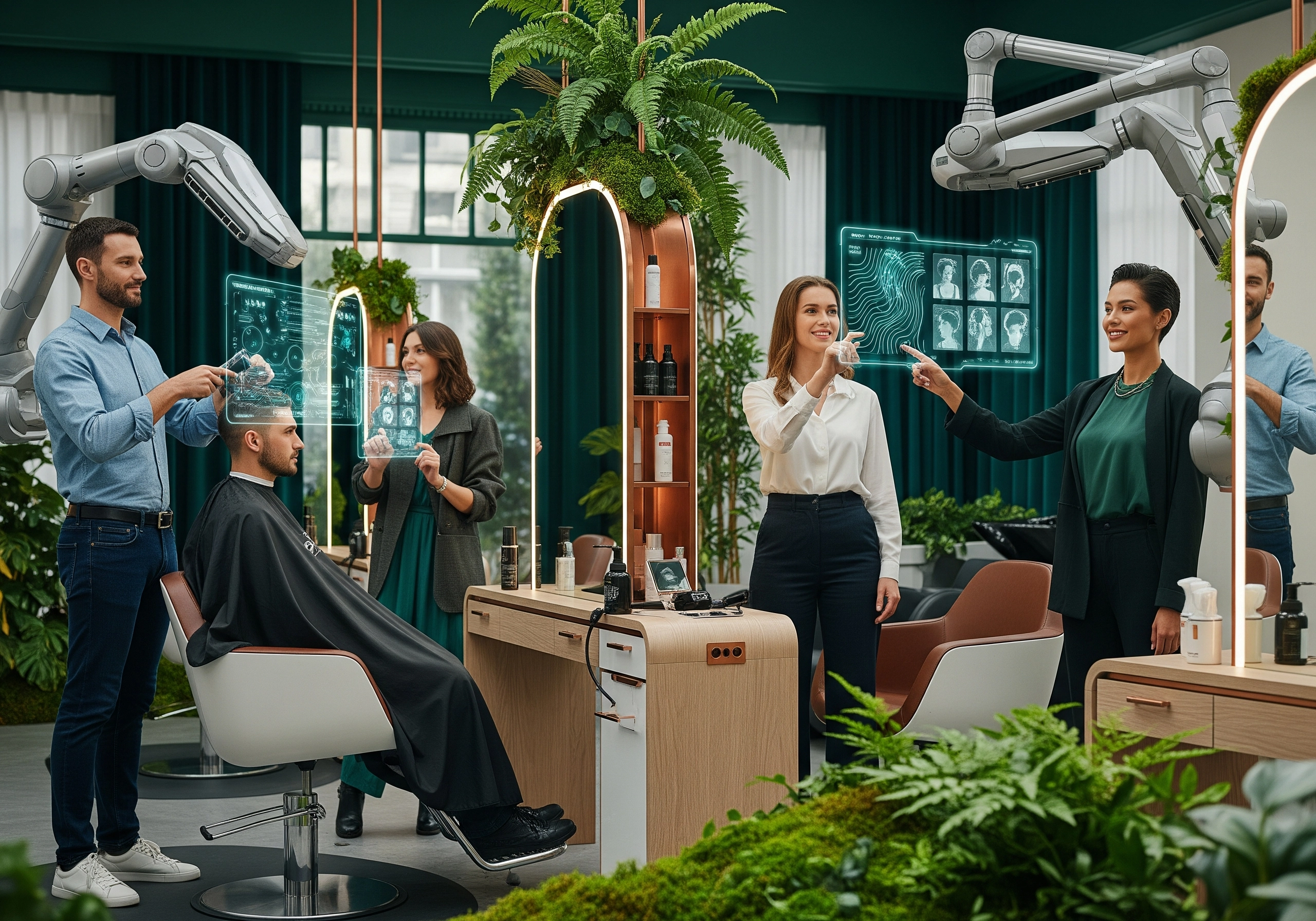 Salon staff consults with client at a futuristic Amsterdam beauty salon
