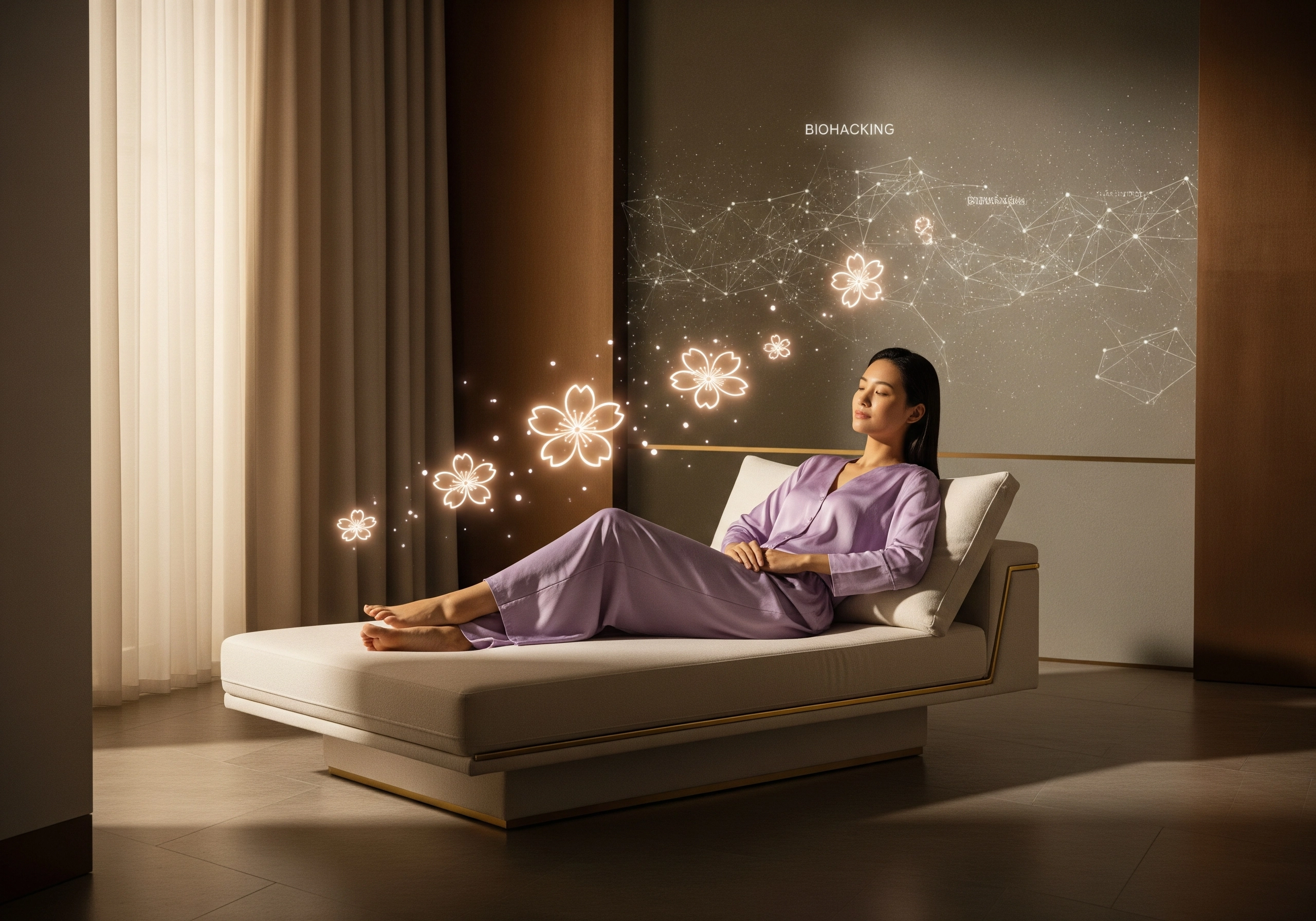 Woman relaxing on chaise lounge during biohacking beauty treatment in Amsterdam 2026