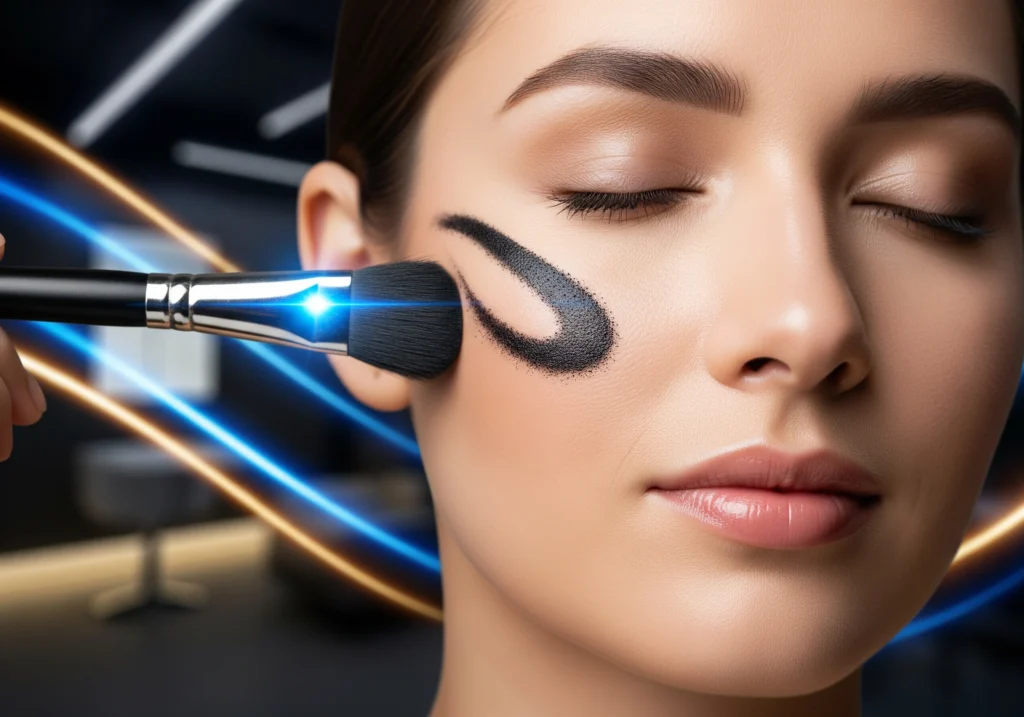 Carbon peeling beauty salon: Woman receiving carbon facial treatment with brush.