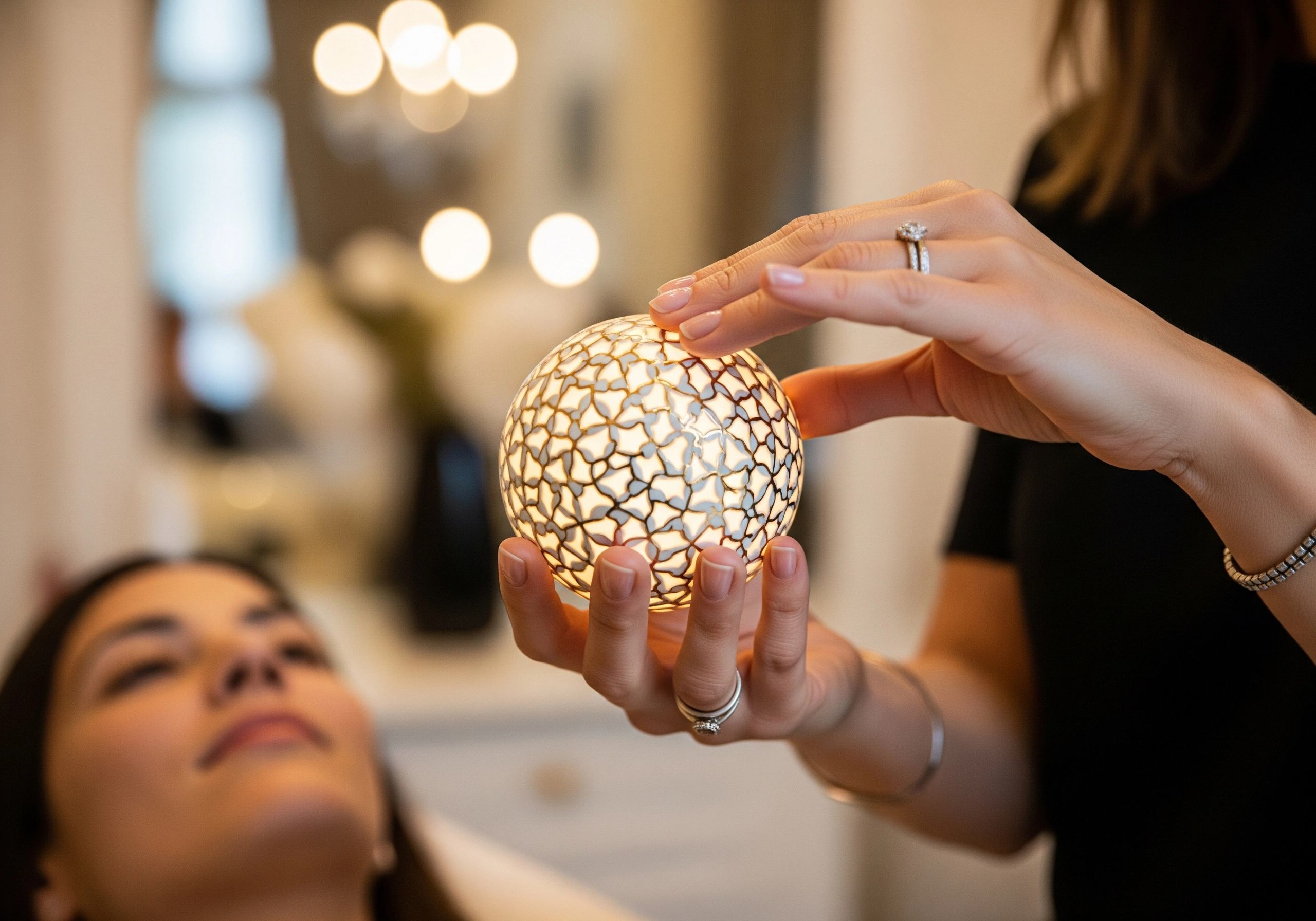 Beautician holds a glowing orb over client at an Amsterdam beauty salon.