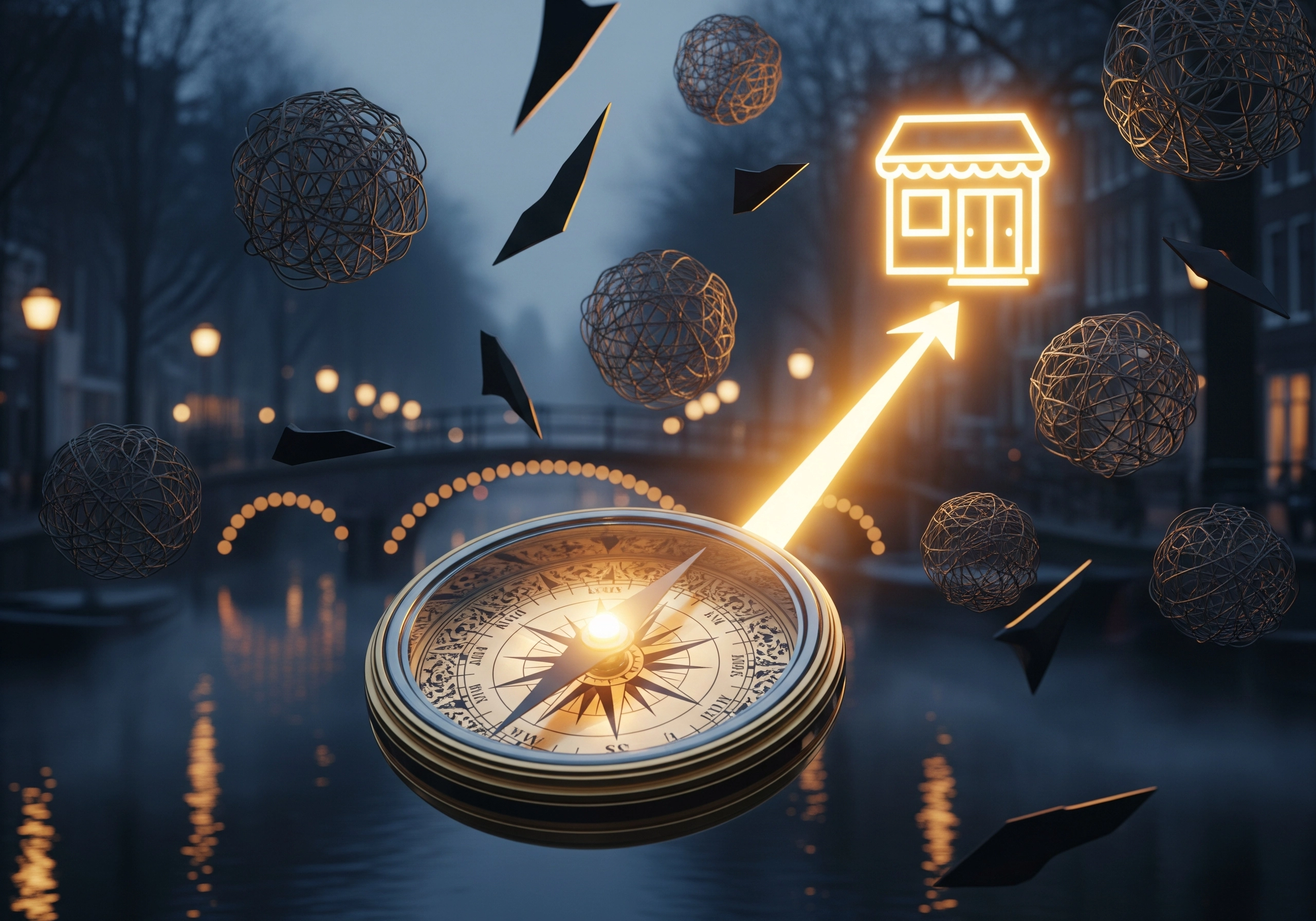 Compass pointing to a glowing shop icon over Amsterdam canal; find a beauty salon Amsterdam.