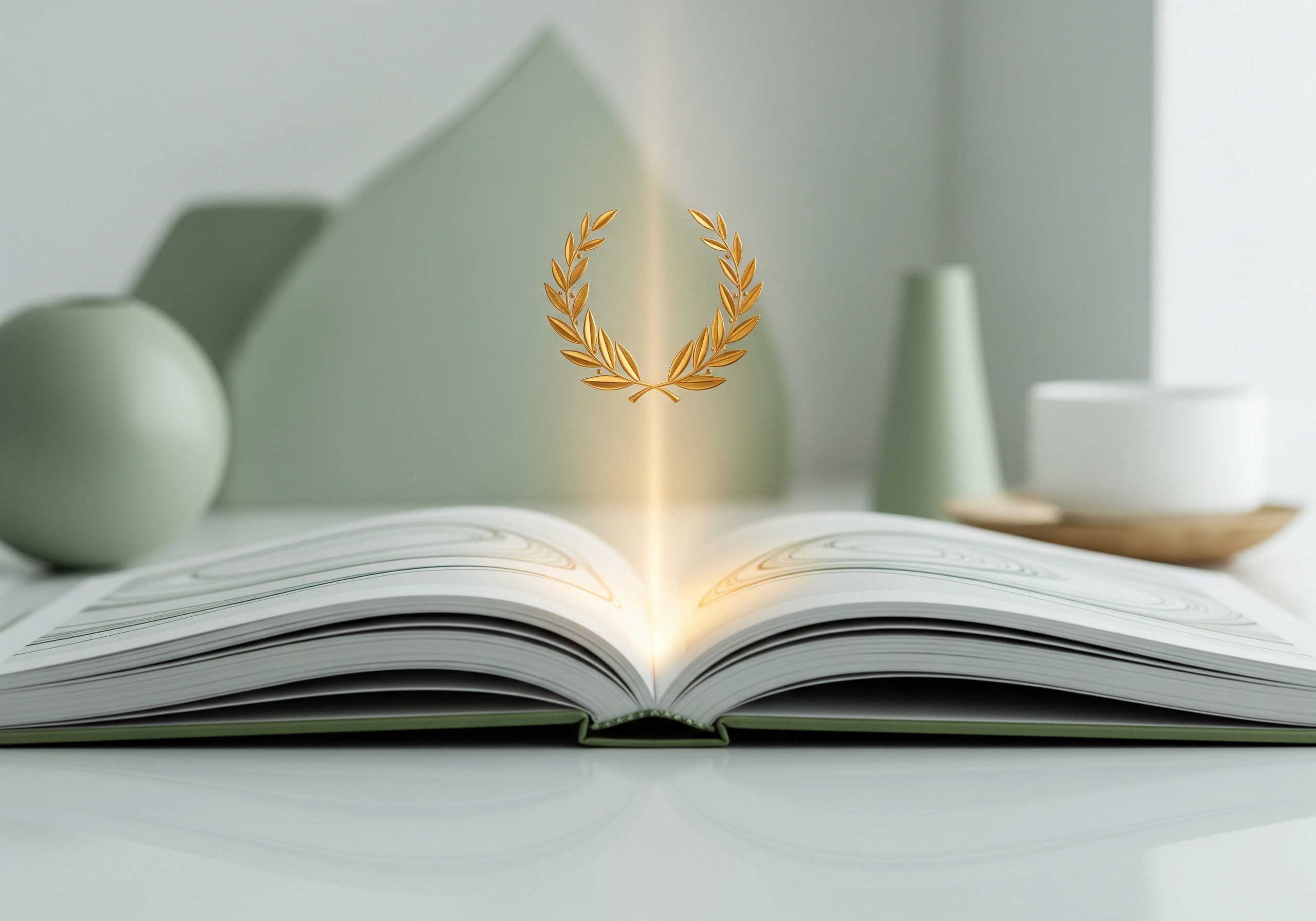 Open book with a gold laurel wreath hovering; represents the best beauty salon Amsterdam.