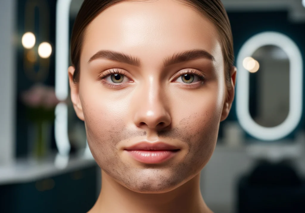 Woman's face with carbon mask before carbon peeling salon treatment.