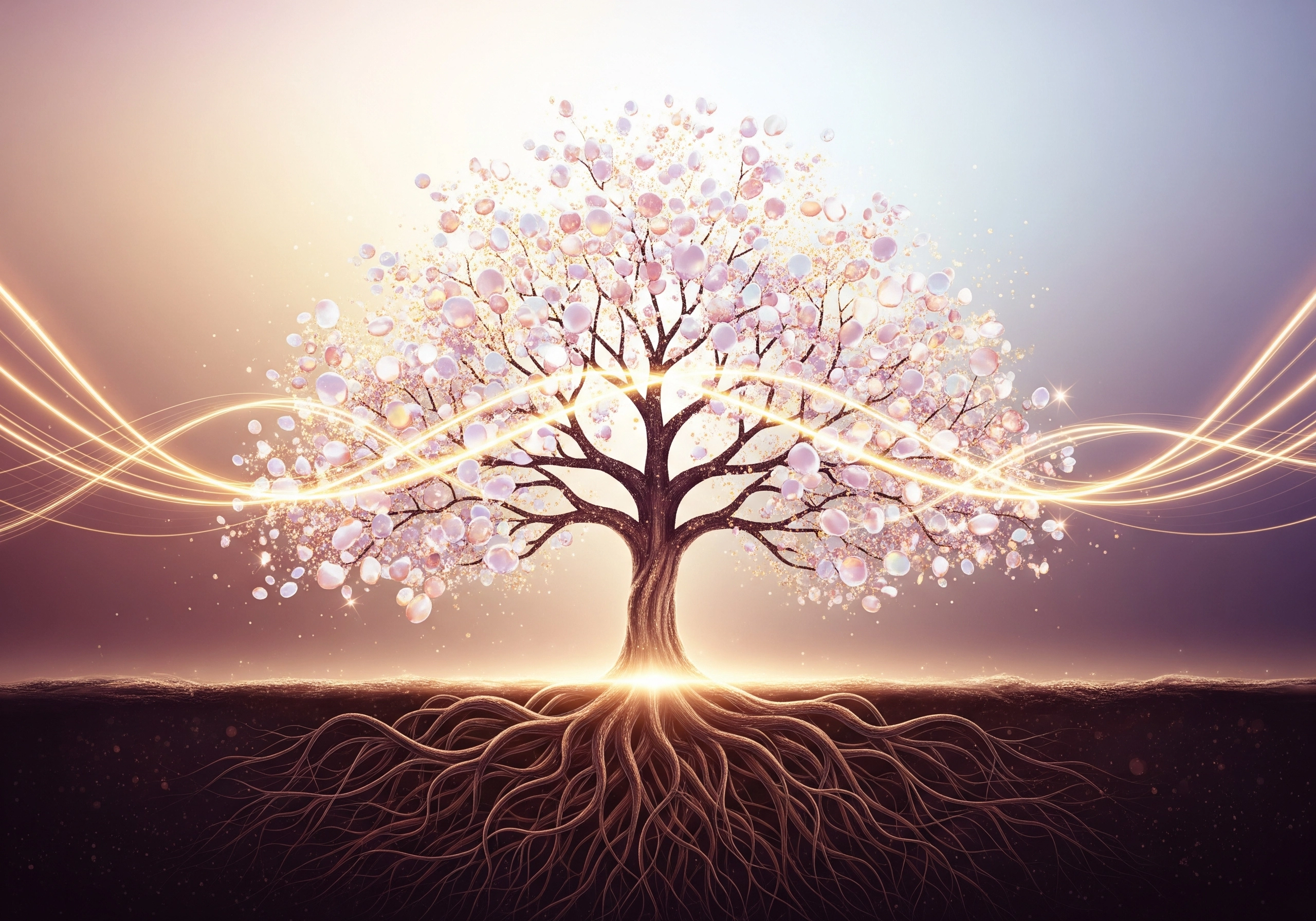 Stylized tree with glowing leaves and roots, radiating light.