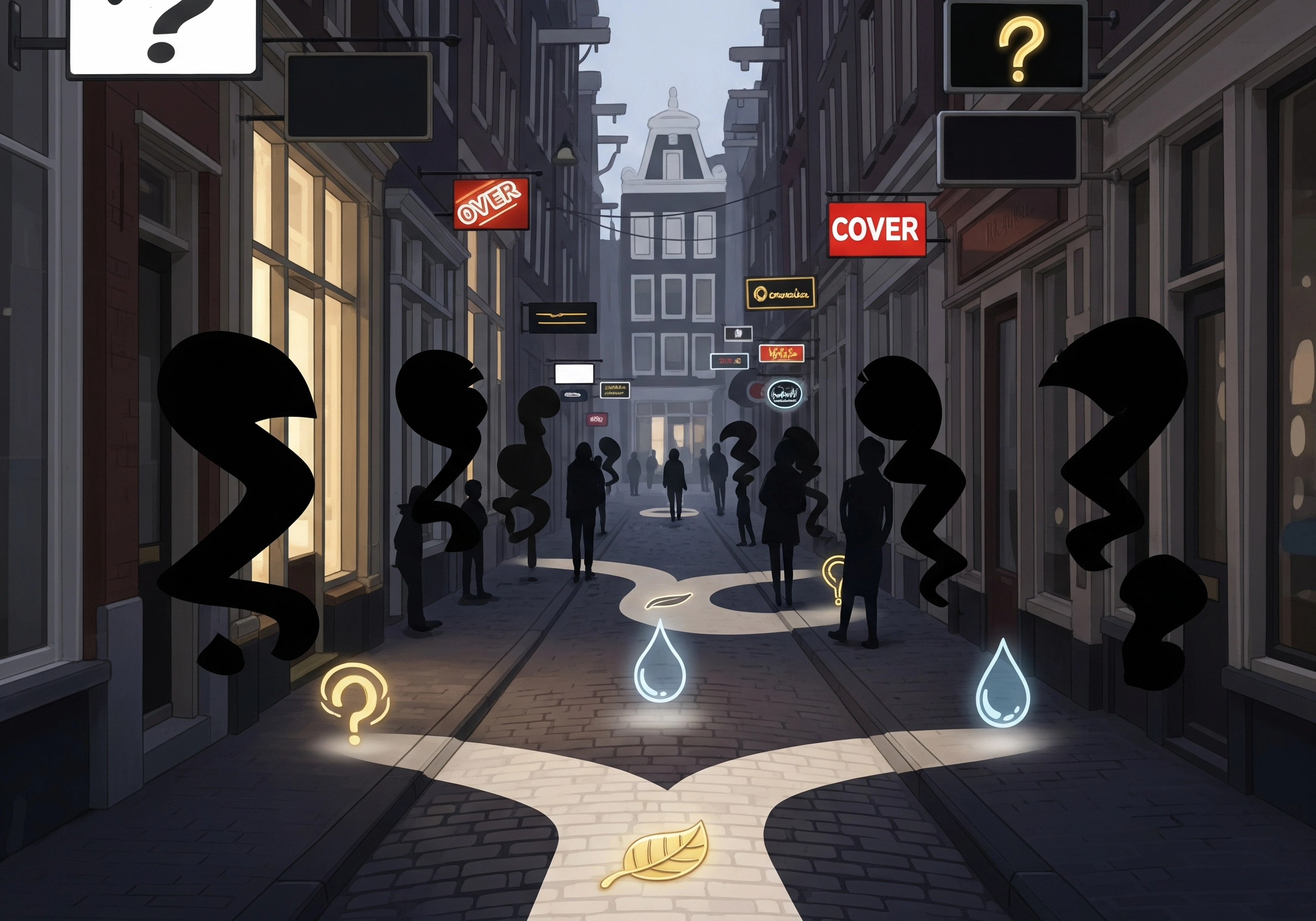 Stylized Amsterdam street scene with silhouetted figures and question marks.