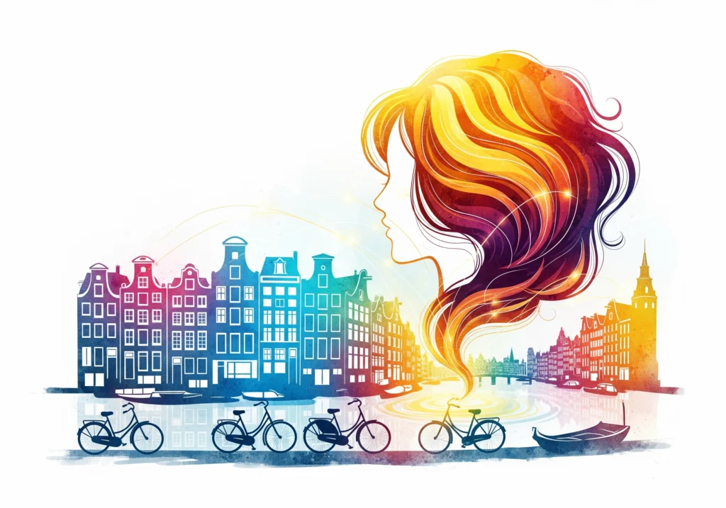 Stylized Amsterdam canal scene with colorful hair silhouette, bikes, and buildings.