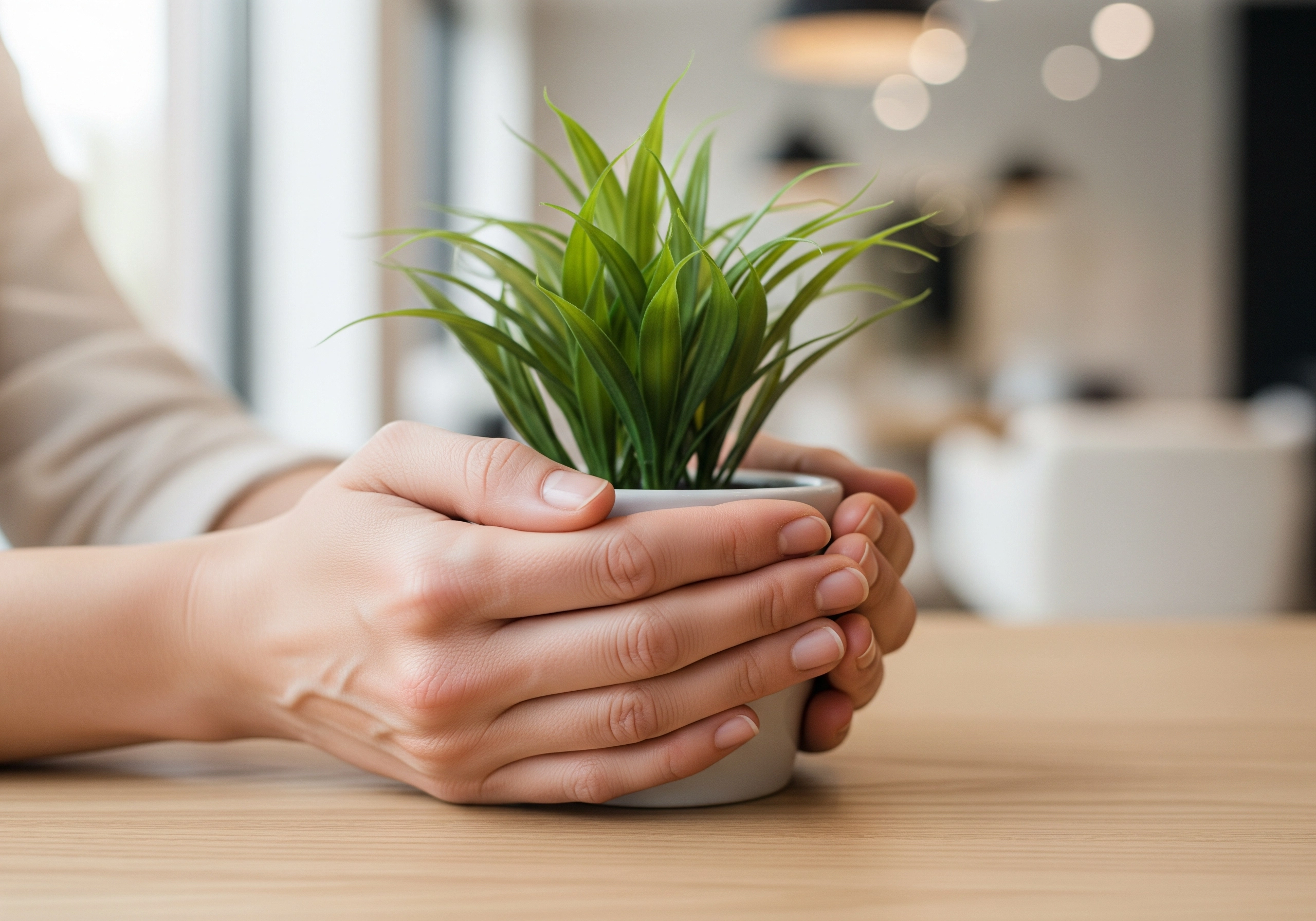 Hands holding small potted green plant on wooden table.