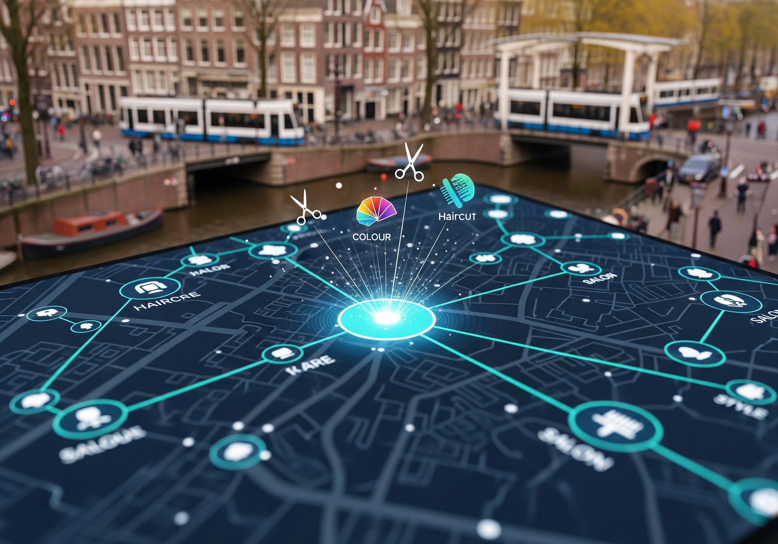 Tablet showing Amsterdam map with salon icons, finding a 'hair salon Amsterdam'.