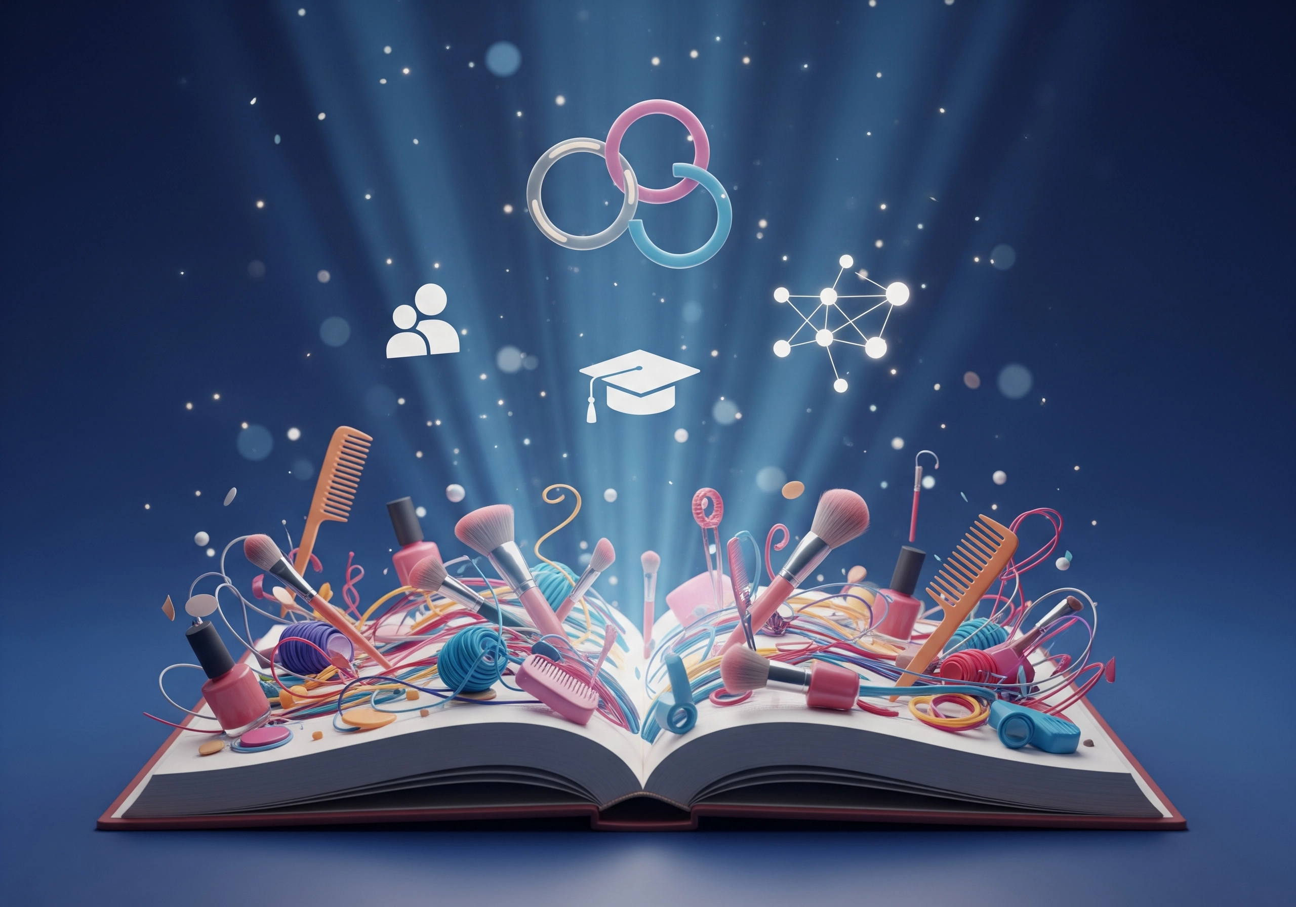 Open book with floating beauty salon icons and tools, representing beauty salon Amsterdam.