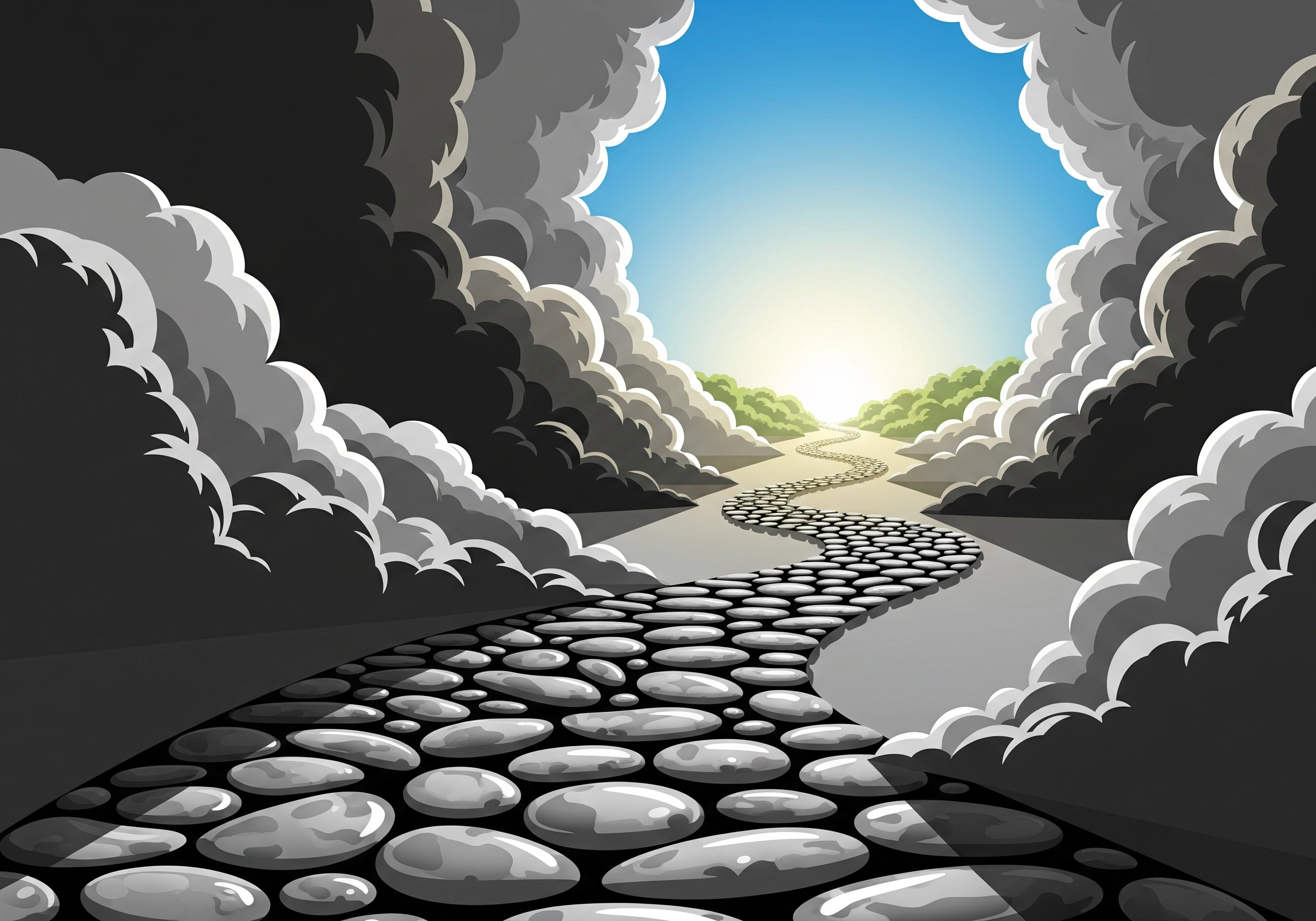 Stone path leading to the sun through a cloudy sky, cartoon illustration.