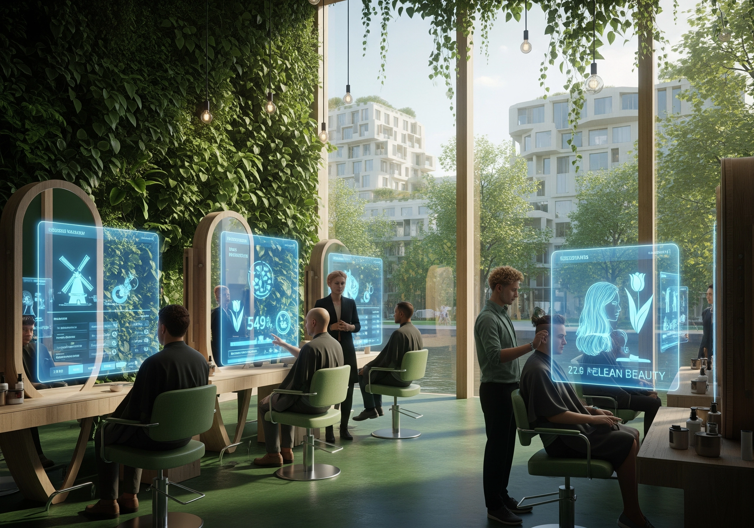 Modern hair salon Amsterdam with clients and digital displays showing salon data.