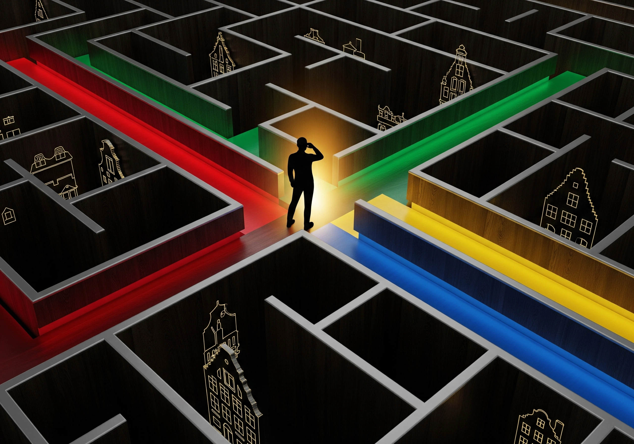 Silhouette of man in maze with Amsterdam building outlines and colored paths.