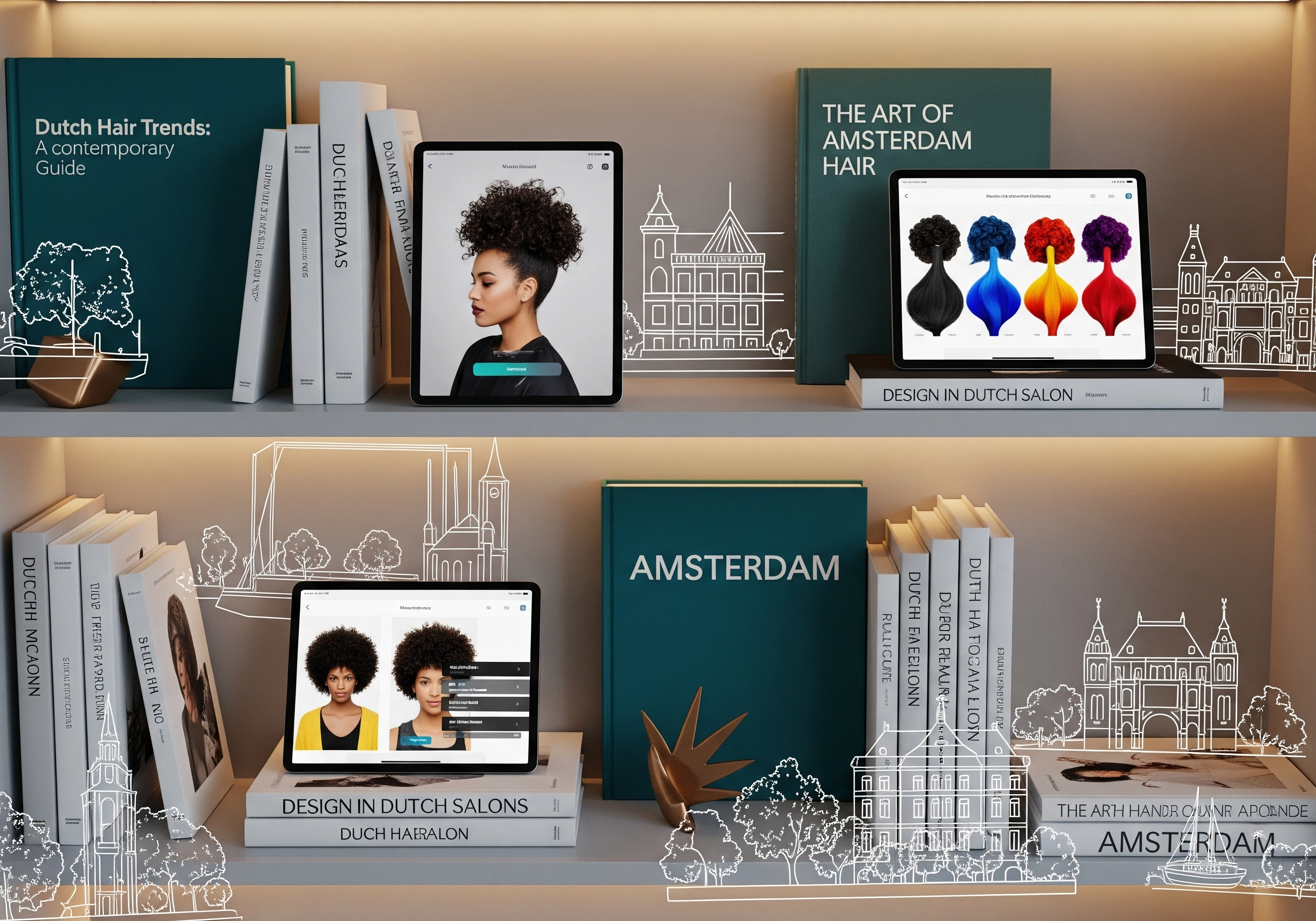 Shelves of books and tablets displaying Amsterdam hair salon styles.