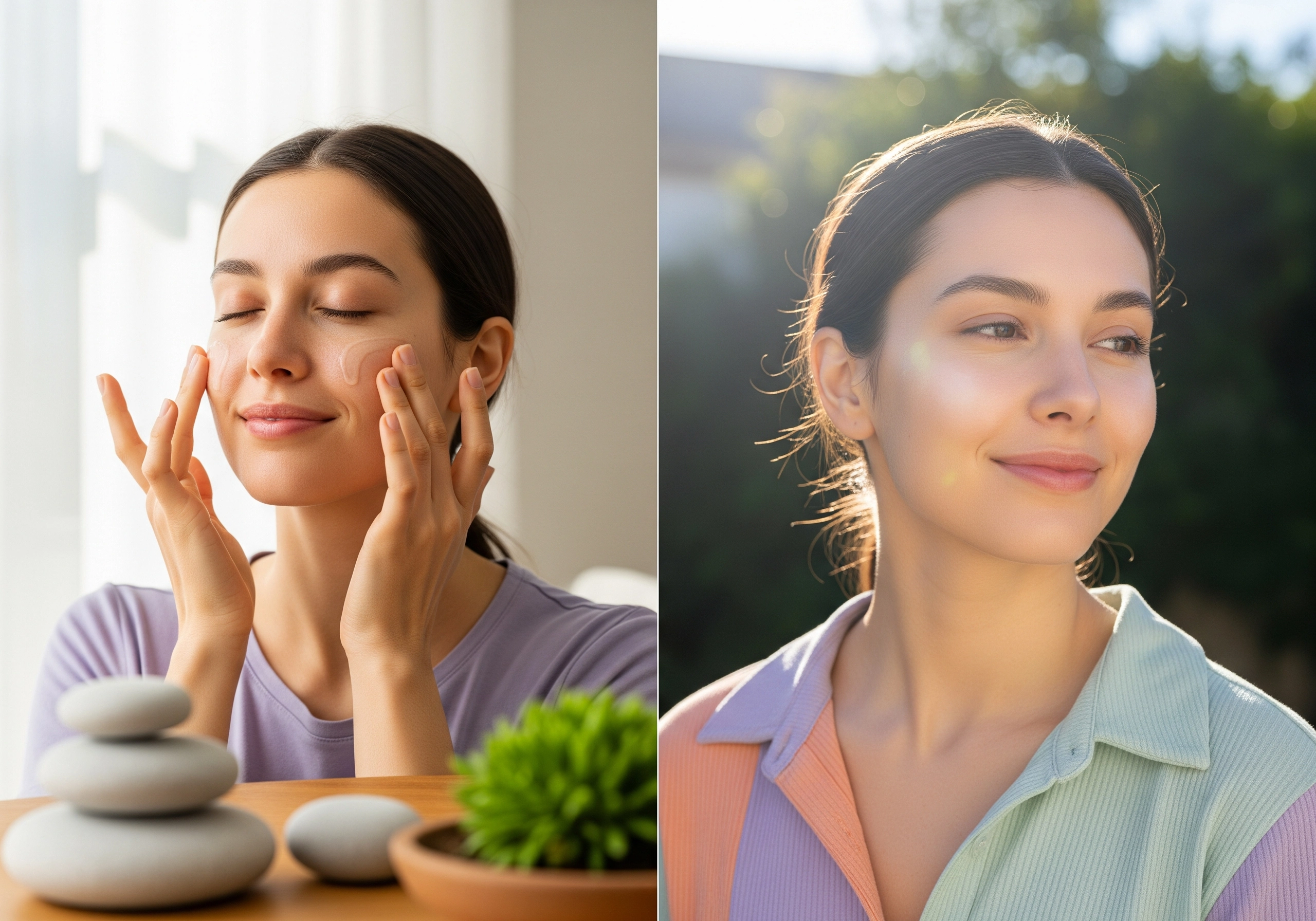 Woman applying facial serum and after glowing skin. Carbon peel for glowing skin results.