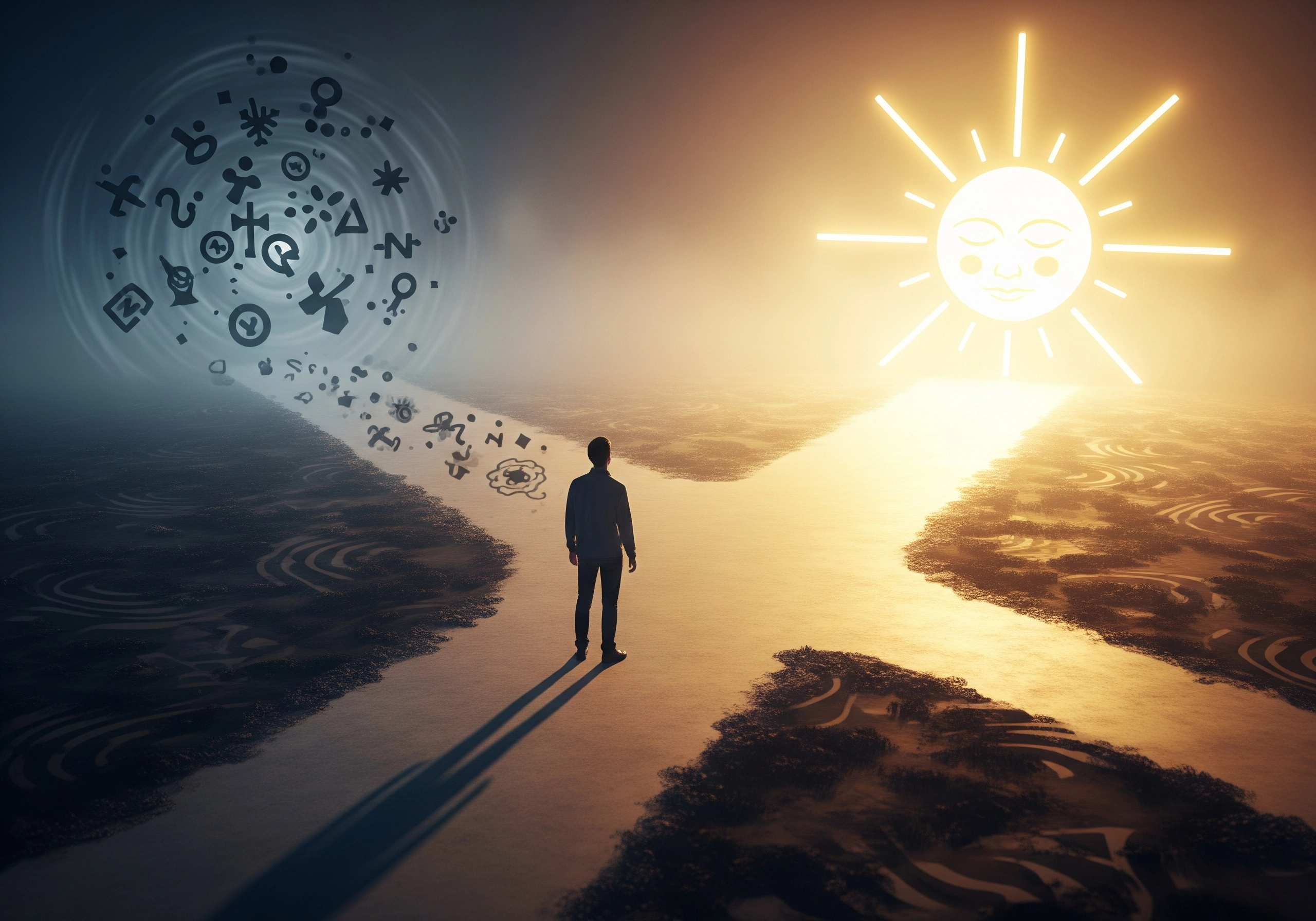 Man standing at a crossroads, one path leads to a swirling vortex of symbols, the other to a radiant sun, representing choices between skin care myths and skin care truths.