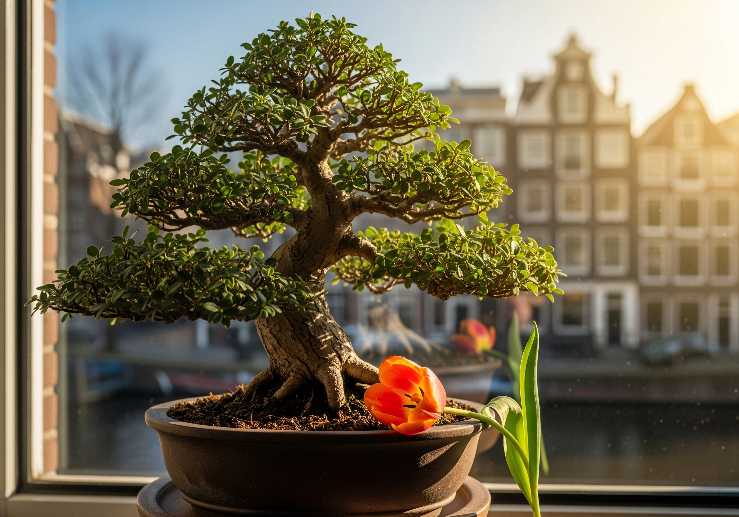 Bonsai tree and tulip with blurred Amsterdam canal houses in the background