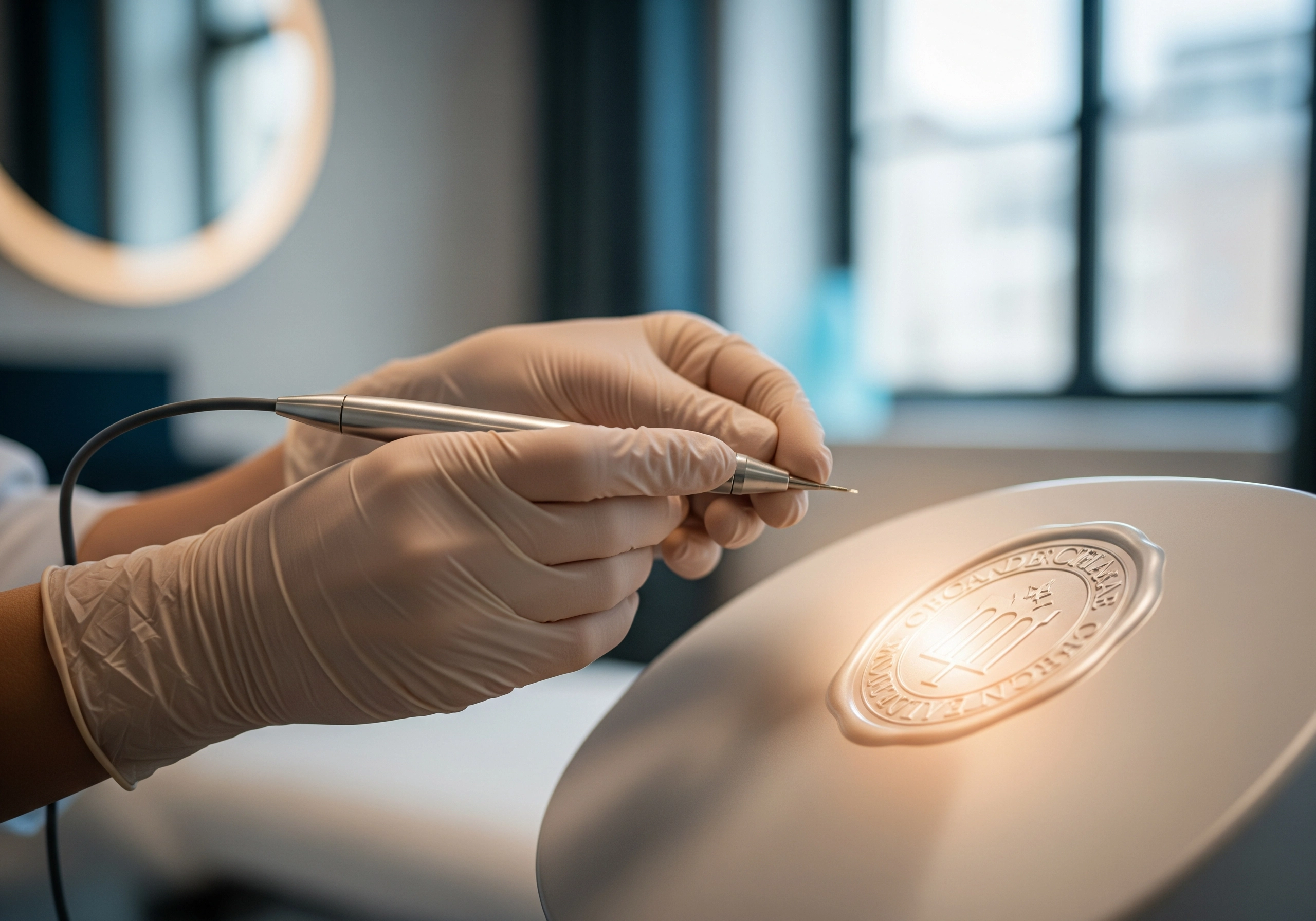Beautician's hands holding a microdermabrasion tool in a beauty salon in Amsterdam