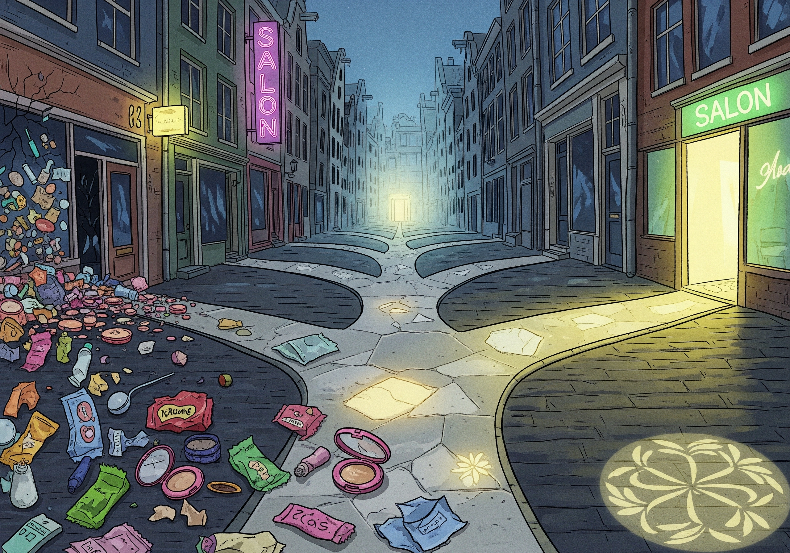 Amsterdam street scene with litter leading to beauty salons, symbolizing finding a salon.