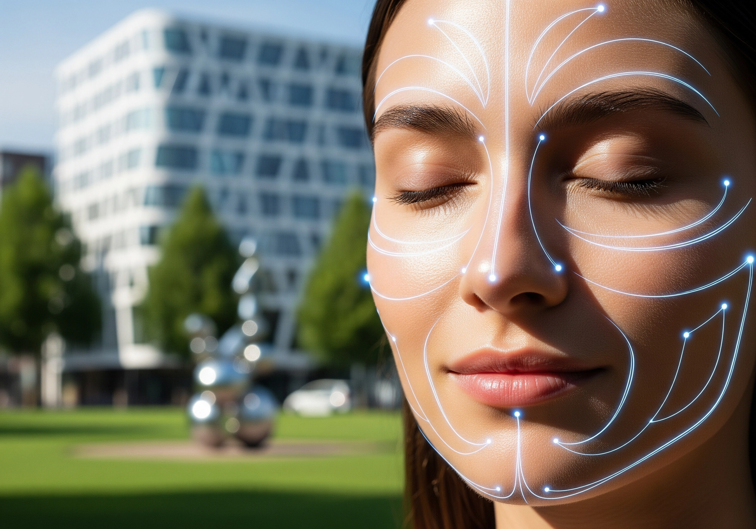 Woman's face with glowing lines depicting a beauty treatment in Amsterdam.